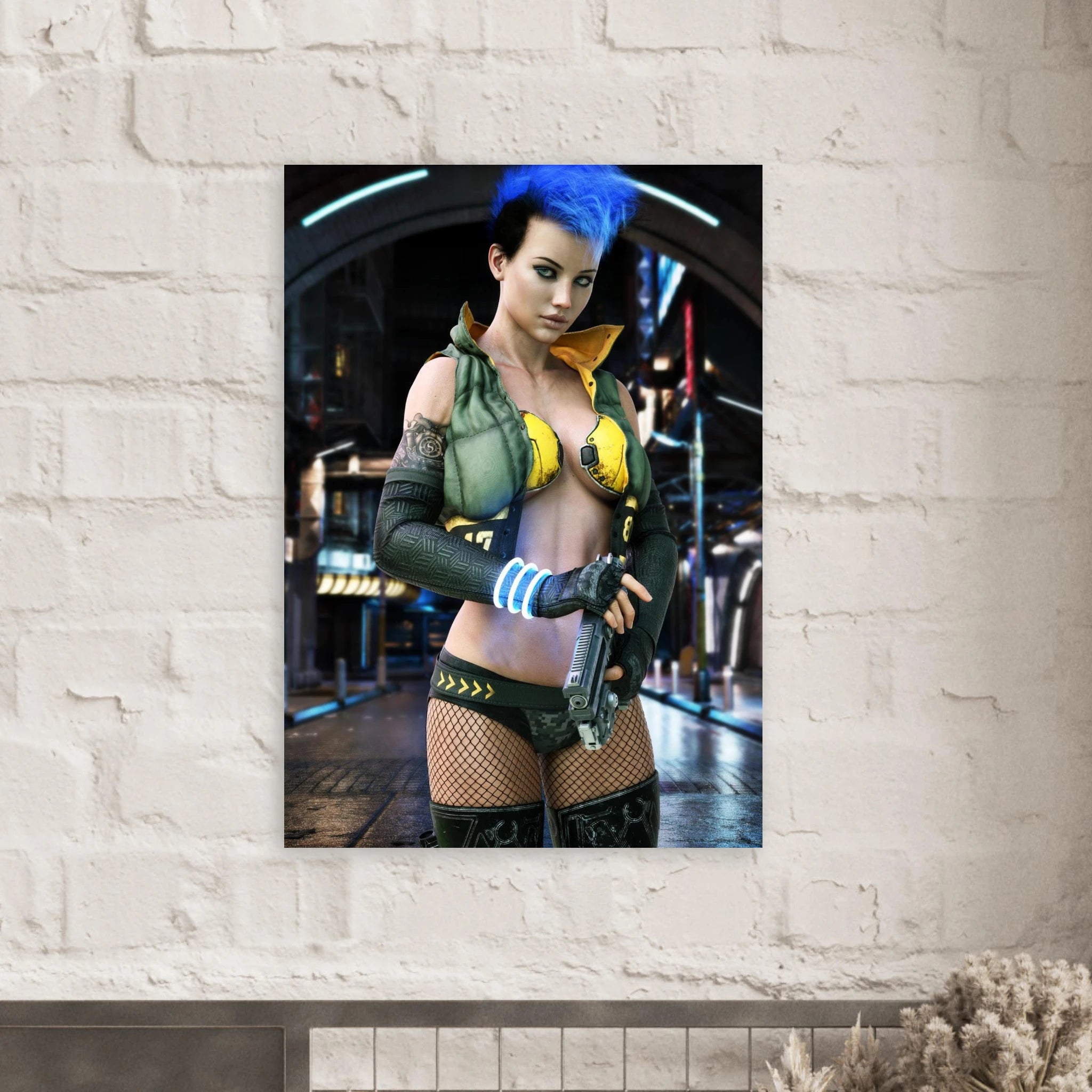 A vertical wall art print featuring a stylized cyberpunk woman with bright blue hair, green and yellow outfit details, and a futuristic city scene, displayed on a white brick wall.