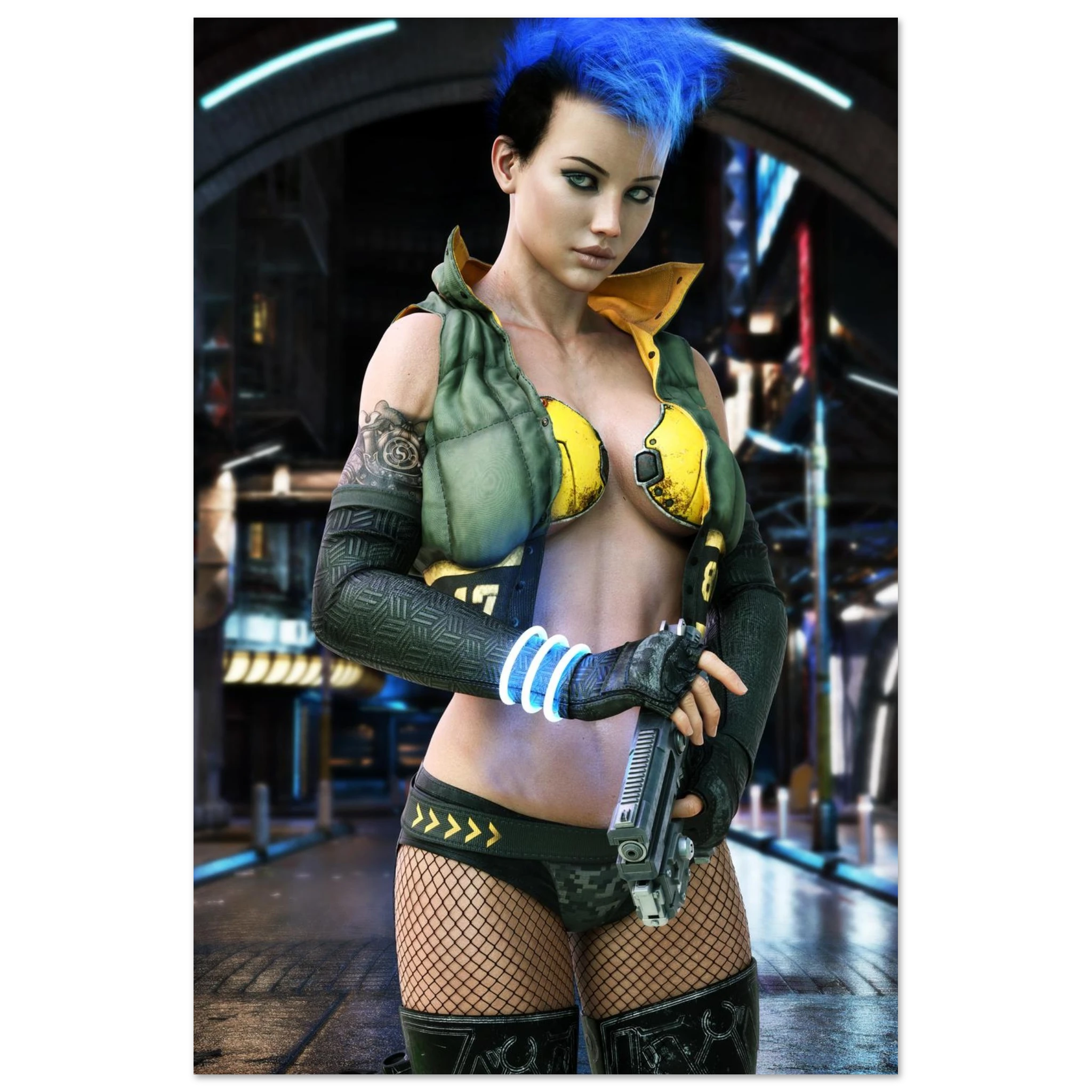A woman with bright blue hair stands in a futuristic city setting wearing a revealing tactical-style outfit with yellow and olive green panels, black gloves, fishnet stockings, and a gun in one hand.