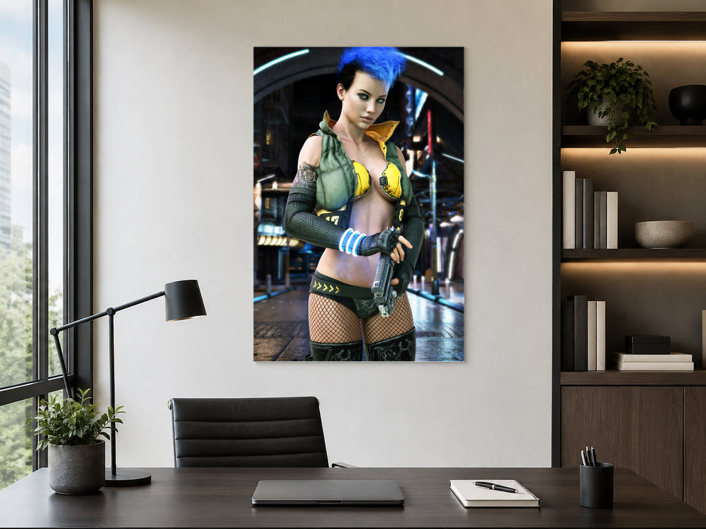 Futuristic-themed artwork on a wall above a desk with office furniture.