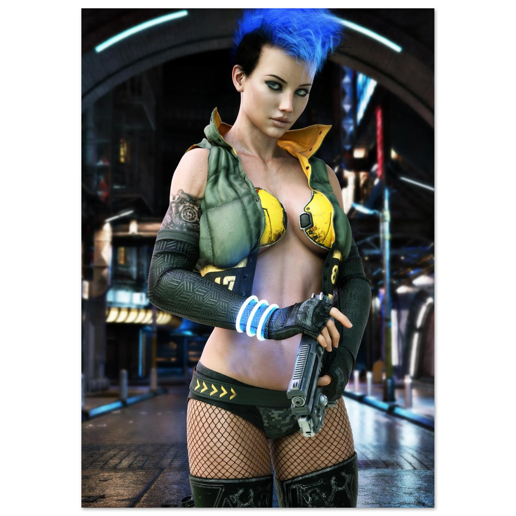 A woman in a futuristic cyberpunk-style outfit with bright blue hair, holding a sci-fi blaster. She wears a green and yellow armored top, fingerless gloves, and fishnet stockings, posed against a dark sci-fi city background.