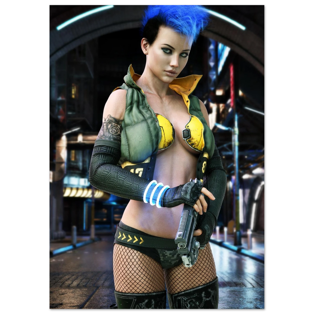 A woman with bright blue hair stands in a futuristic city setting wearing a revealing black and yellow costume with green padded shoulder pieces, fishnet stockings, and black gloves while holding a gun.