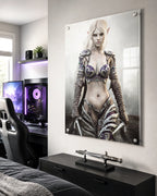 A large vertical wall art print depicting a fantasy female elf warrior assassin with long platinum-blonde hair and ornate armor, displayed in a modern bedroom or gaming room above a dark console table.