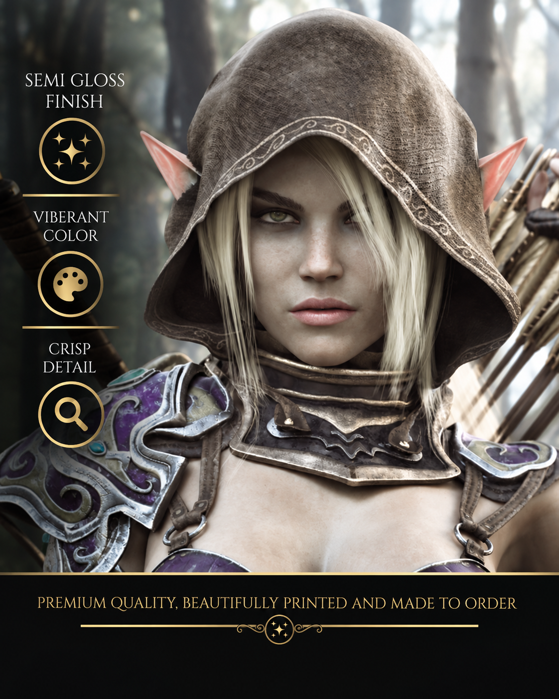 Close-up of hooded dark elf archer fantasy wall art showing detailed features, ornate armor and premium semi-gloss poster print quality.