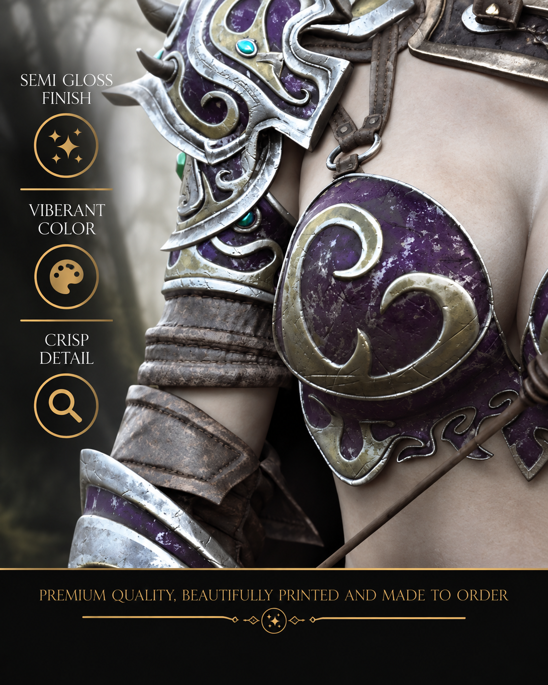 Close-up of dark elf archer fantasy poster showing intricate purple and silver armor, weathered textures, vibrant color and crisp print detail.