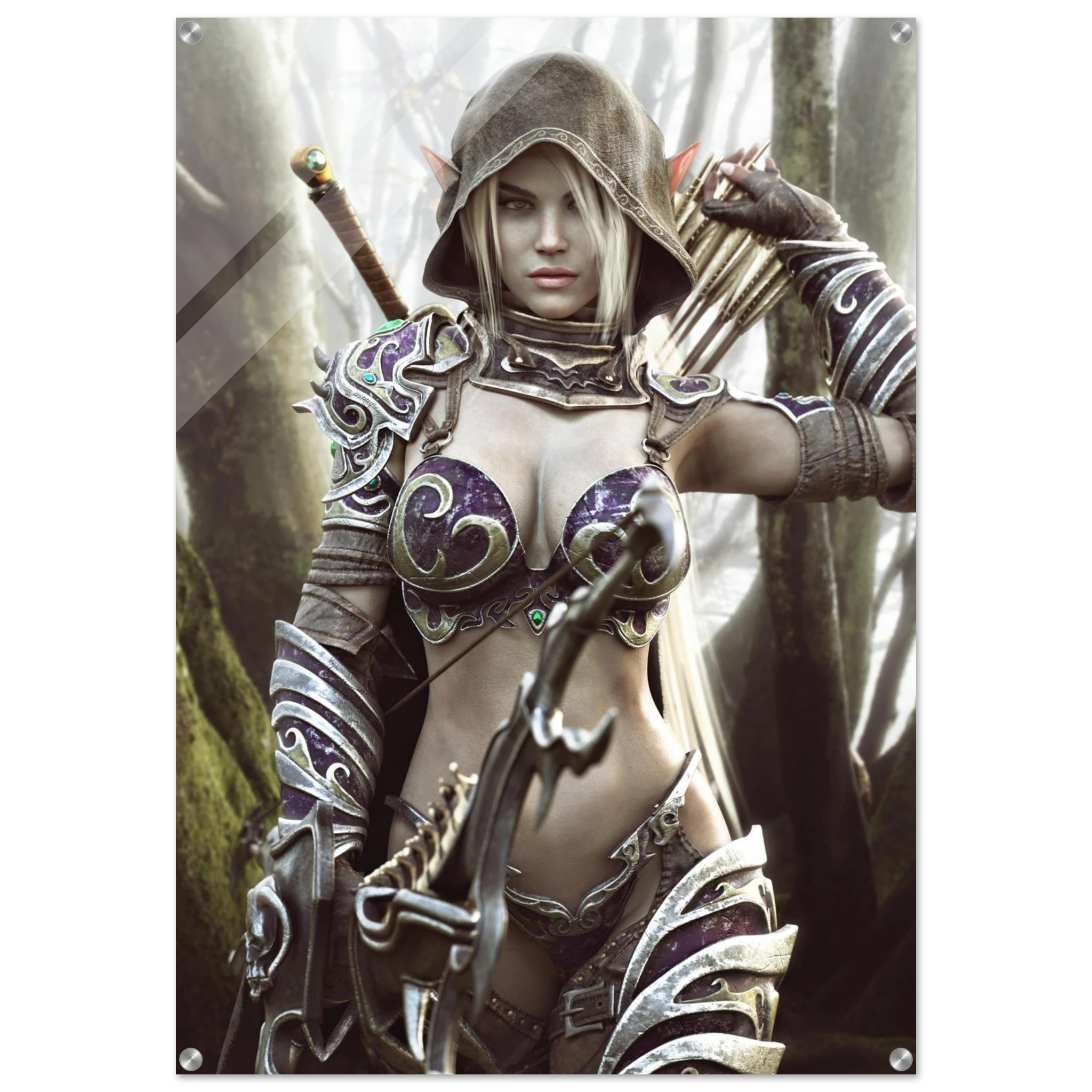Dark elf archer fantasy wall art featuring a hooded female elven ranger in ornate purple and silver armor holding a bow and arrows in a misty enchanted forest, with a sword across her back. Detailed fantasy character artwork for fans of dark elves, archers, rangers, medieval fantasy, role-playing games and D&D-inspired decor.