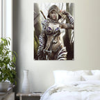 Dark elf archer fantasy wall art featuring a hooded female elven ranger in ornate purple and silver armor holding a bow and arrows in a misty enchanted forest, with a sword across her back. Detailed fantasy character artwork for fans of dark elves, archers, rangers, medieval fantasy,role-playing games and epic fantasy decor.