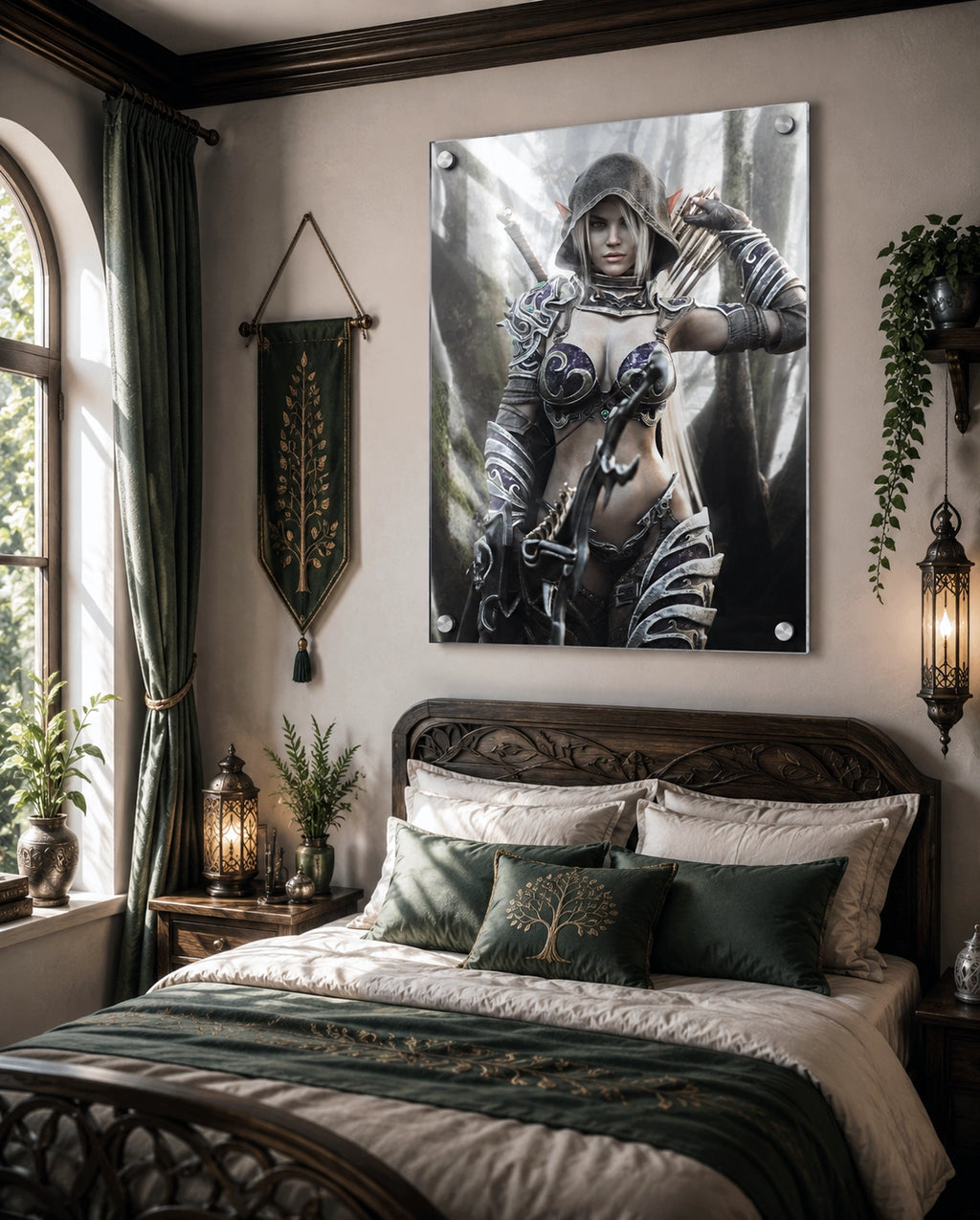 Dark elf archer fantasy wall art featuring a hooded female elven ranger in ornate purple and silver armor holding a bow and arrows in a misty enchanted forest, with a sword across her back. Detailed fantasy character artwork for fans of dark elves, archers, rangers, medieval fantasy, role-playing games and D&D-inspired decor.