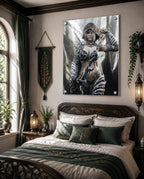 Dark elf archer fantasy wall art featuring a hooded female elven ranger in ornate purple and silver armor holding a bow and arrows in a misty enchanted forest, with a sword across her back. Detailed fantasy character artwork for fans of dark elves, archers, rangers, medieval fantasy, role-playing games and epic fantasy decor.
