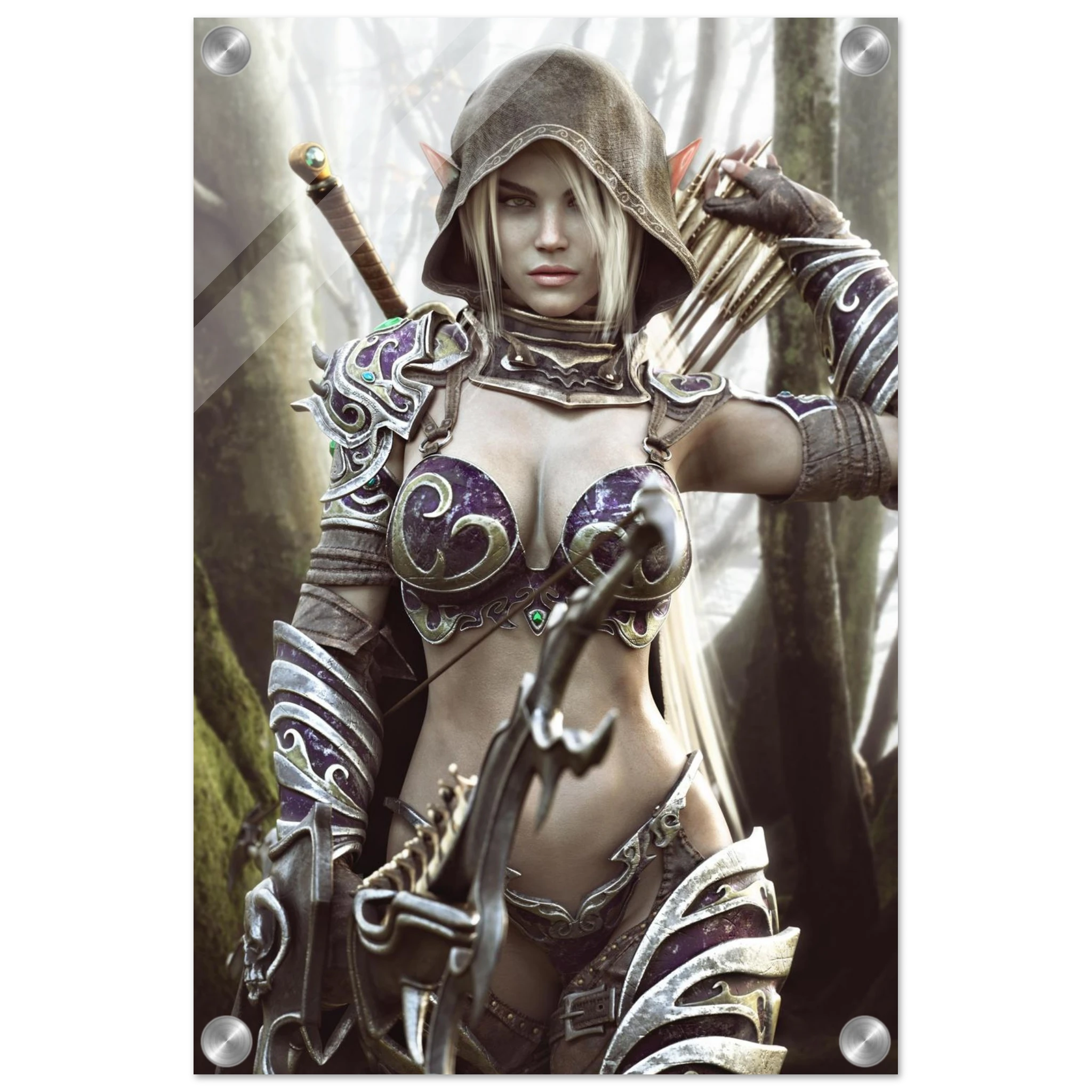 Dark elf archer fantasy wall art featuring a hooded female elven ranger in ornate purple and silver armor holding a bow and arrows in a misty enchanted forest, with a sword across her back. Detailed fantasy character artwork for fans of dark elves, archers, rangers, medieval fantasy, role-playing games and D&D-inspired decor.