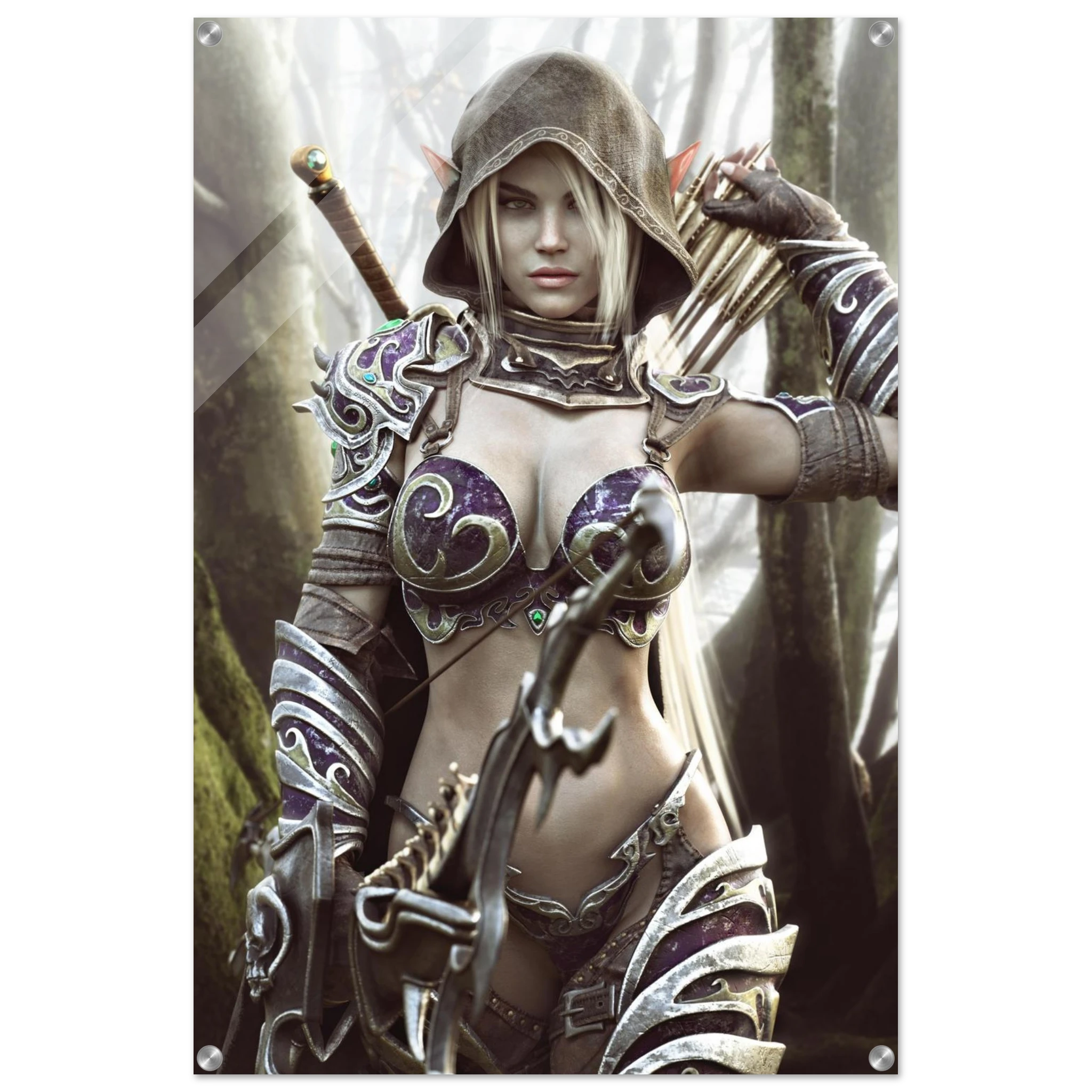 Dark elf archer fantasy wall art featuring a hooded female elven ranger in ornate purple and silver armor holding a bow and arrows in a misty enchanted forest, with a sword across her back. Detailed fantasy character artwork for fans of dark elves, archers, rangers, medieval fantasy, role-playing games and D&D-inspired decor.