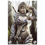 Dark elf archer fantasy wall art featuring a hooded female elven ranger in ornate purple and silver armor holding a bow and arrows in a misty enchanted forest, with a sword across her back. Detailed fantasy character artwork for fans of dark elves, archers, rangers, medieval fantasy,role-playing games and epic fantasy decor.
