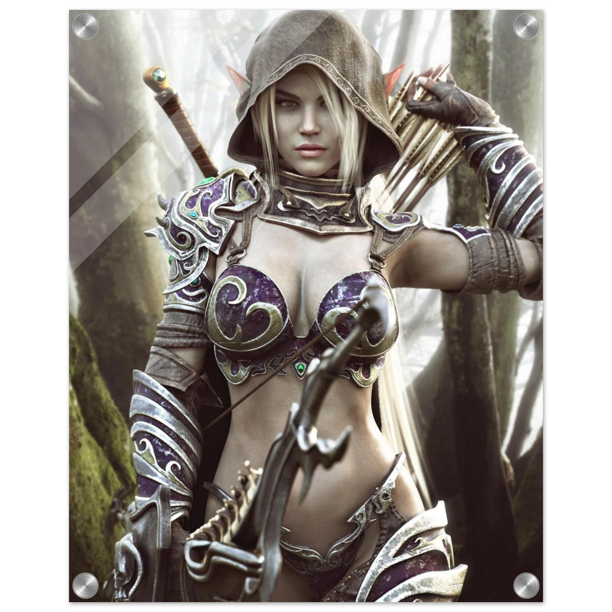 Dark elf archer fantasy wall art featuring a hooded female elven ranger in ornate purple and silver armor holding a bow and arrows in a misty enchanted forest, with a sword across her back. Detailed fantasy character artwork for fans of dark elves, archers, rangers, medieval fantasy, role-playing games and D&D-inspired decor.