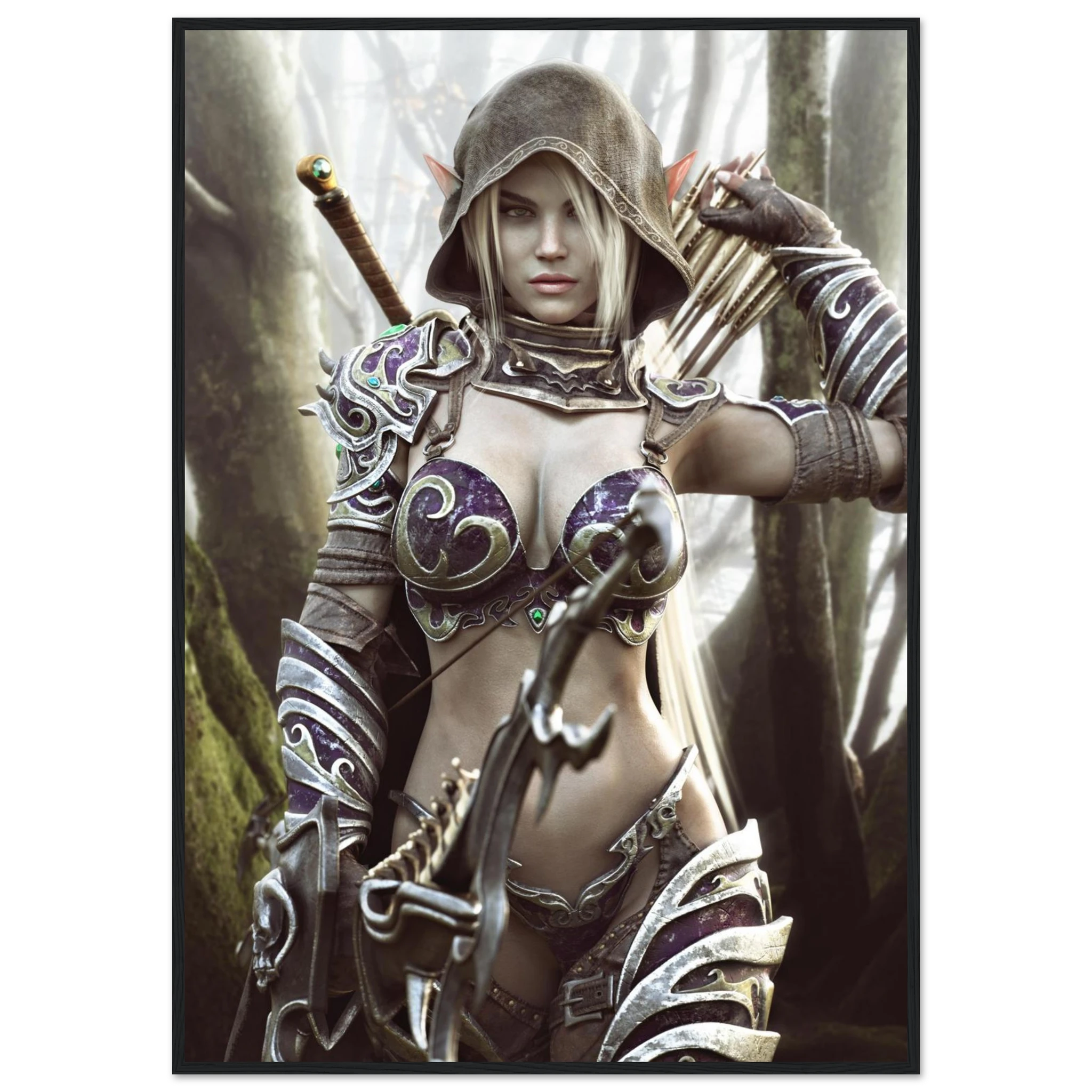 A framed fantasy art print depicting a female archer in ornate silver and purple armor, holding a bow in a misty forest setting.