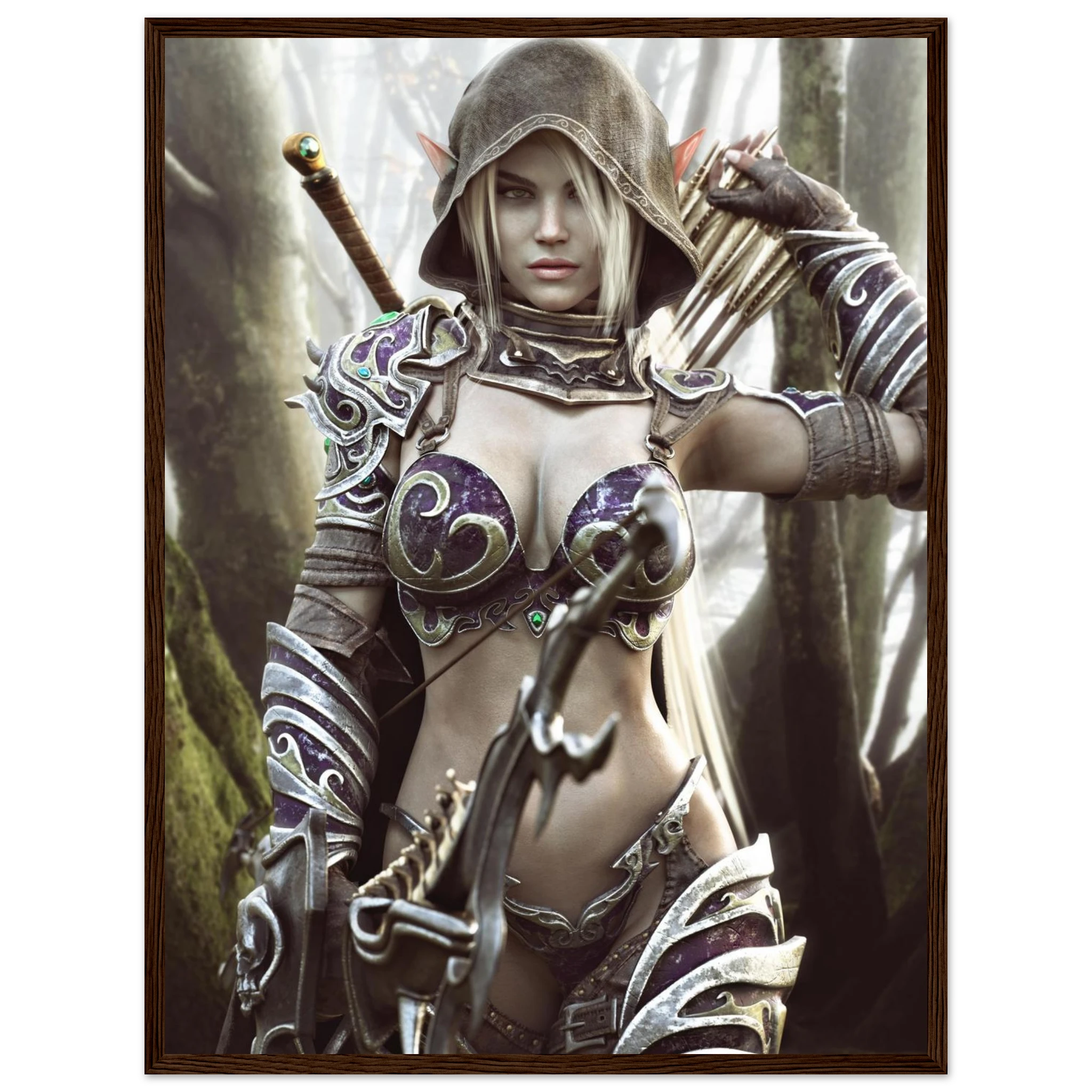 A framed fantasy art print depicting a female elf archer in ornate silver and purple armor, holding a bow and arrow in a misty forest setting.