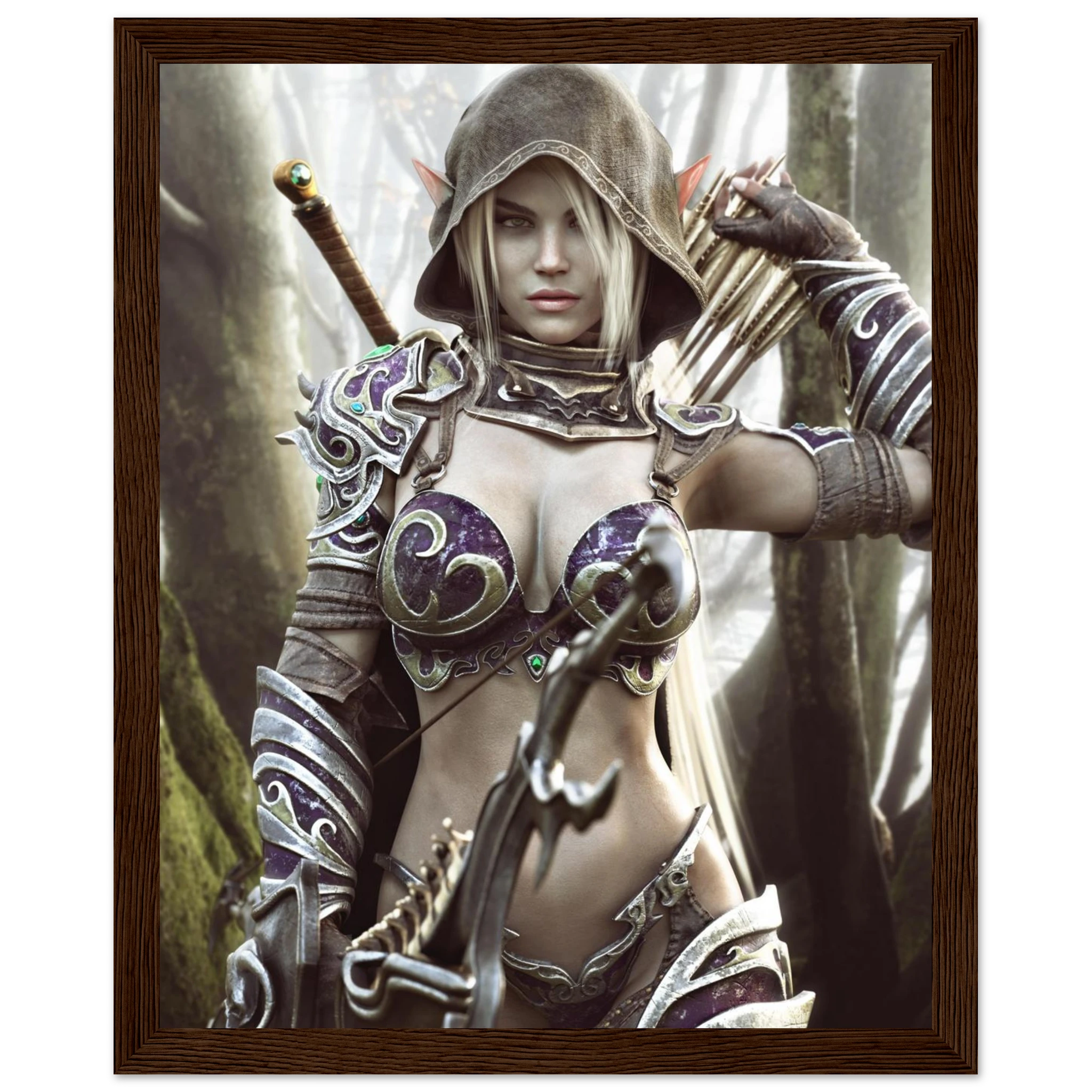 A framed fantasy art print depicting a female elf archer in detailed armor, holding a bow and arrow, set against a dark brown wooden frame.