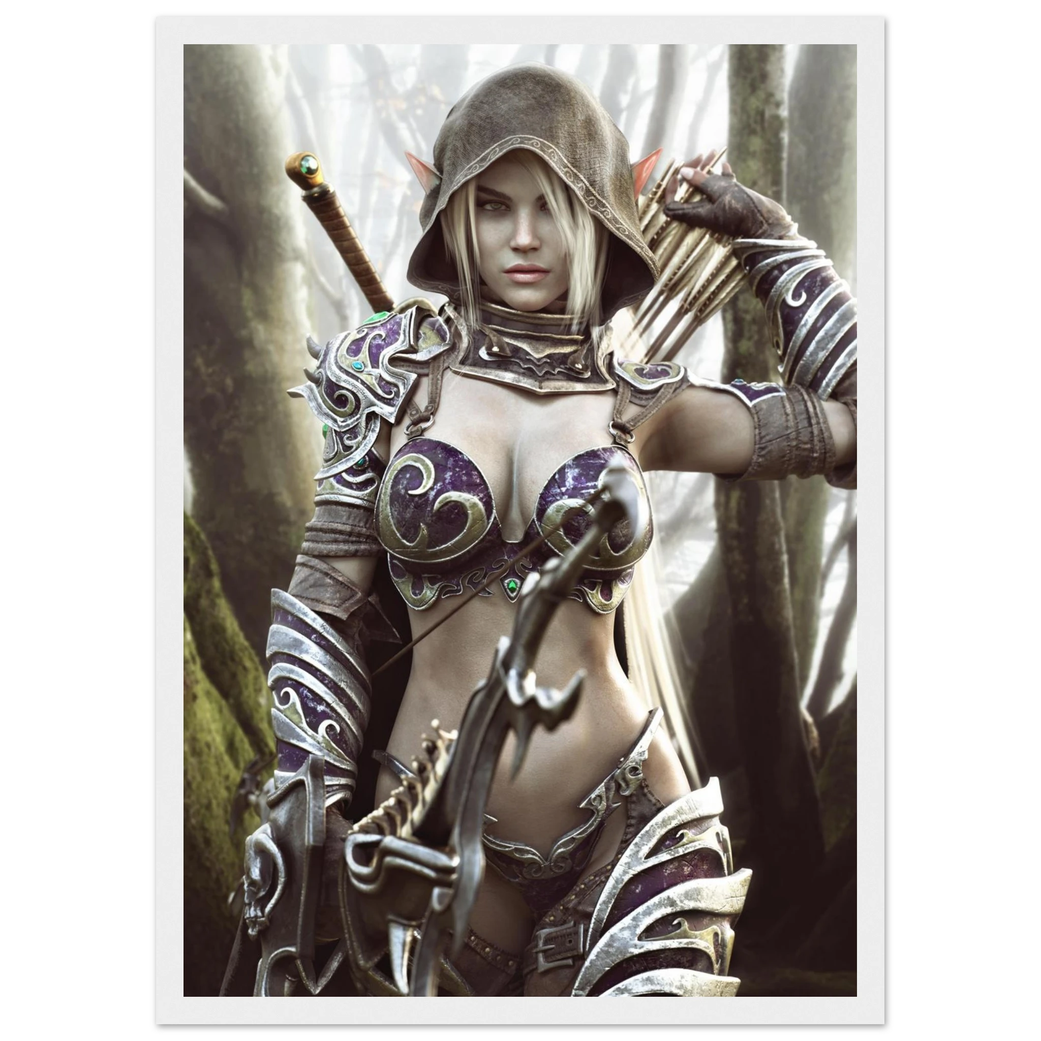 A fantasy art print featuring a female archer in ornate silver and purple armor, holding a bow in a misty forest setting, presented with a white border.