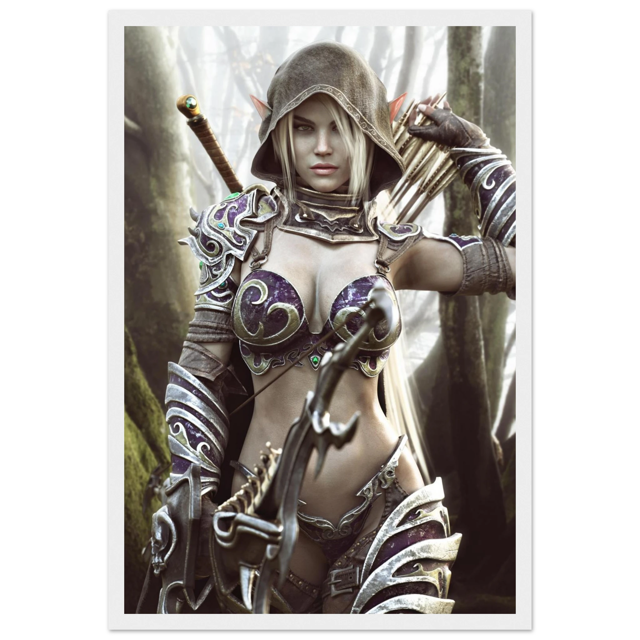 A vertical fantasy art print featuring a female elf archer in detailed silver and purple armor, holding a bow and arrow, set against a misty forest background with a white border.