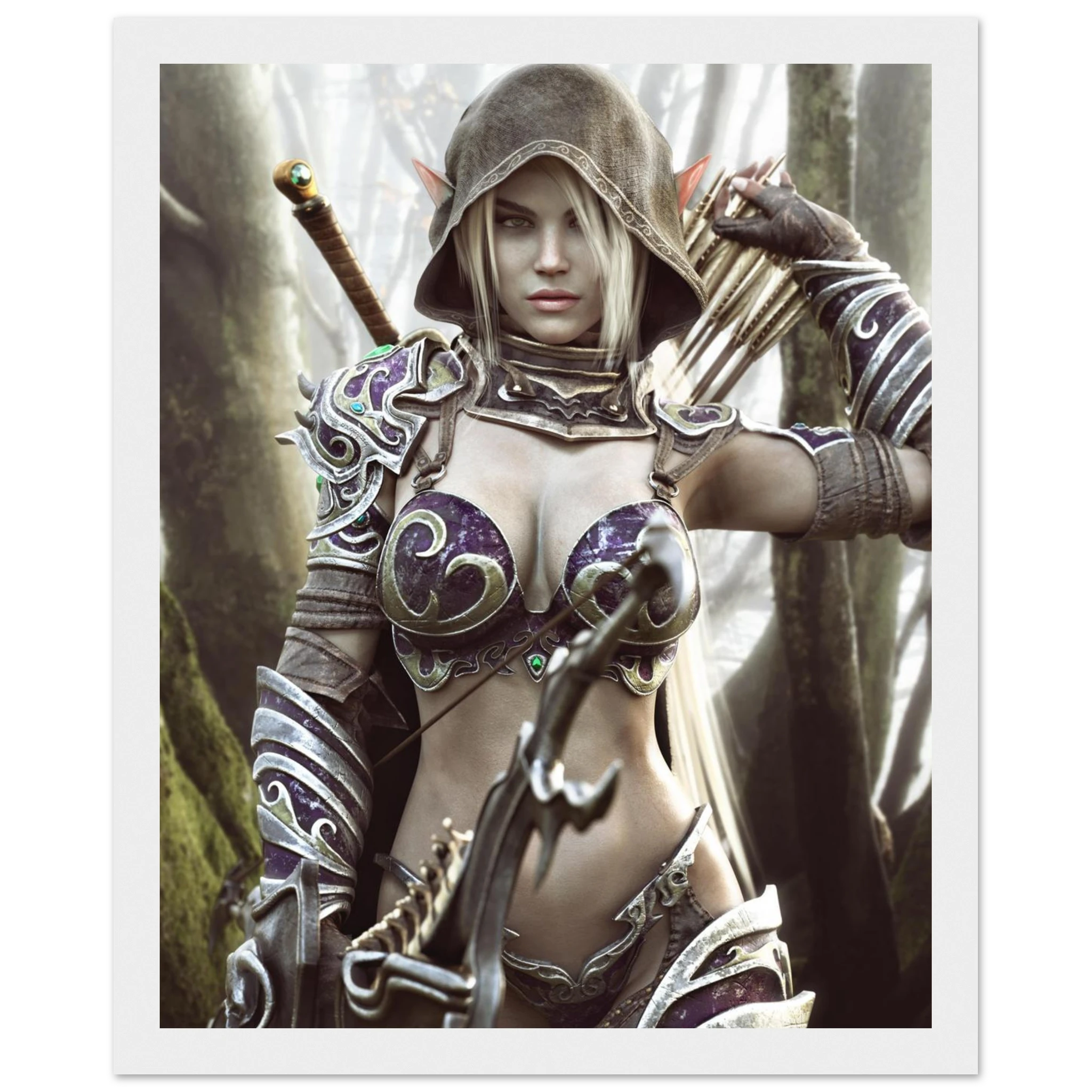 A fantasy art print featuring a female warrior in ornate purple and silver armor, holding a bow and standing in a misty forest. The print is presented with a white border, likely as a poster or canvas art.