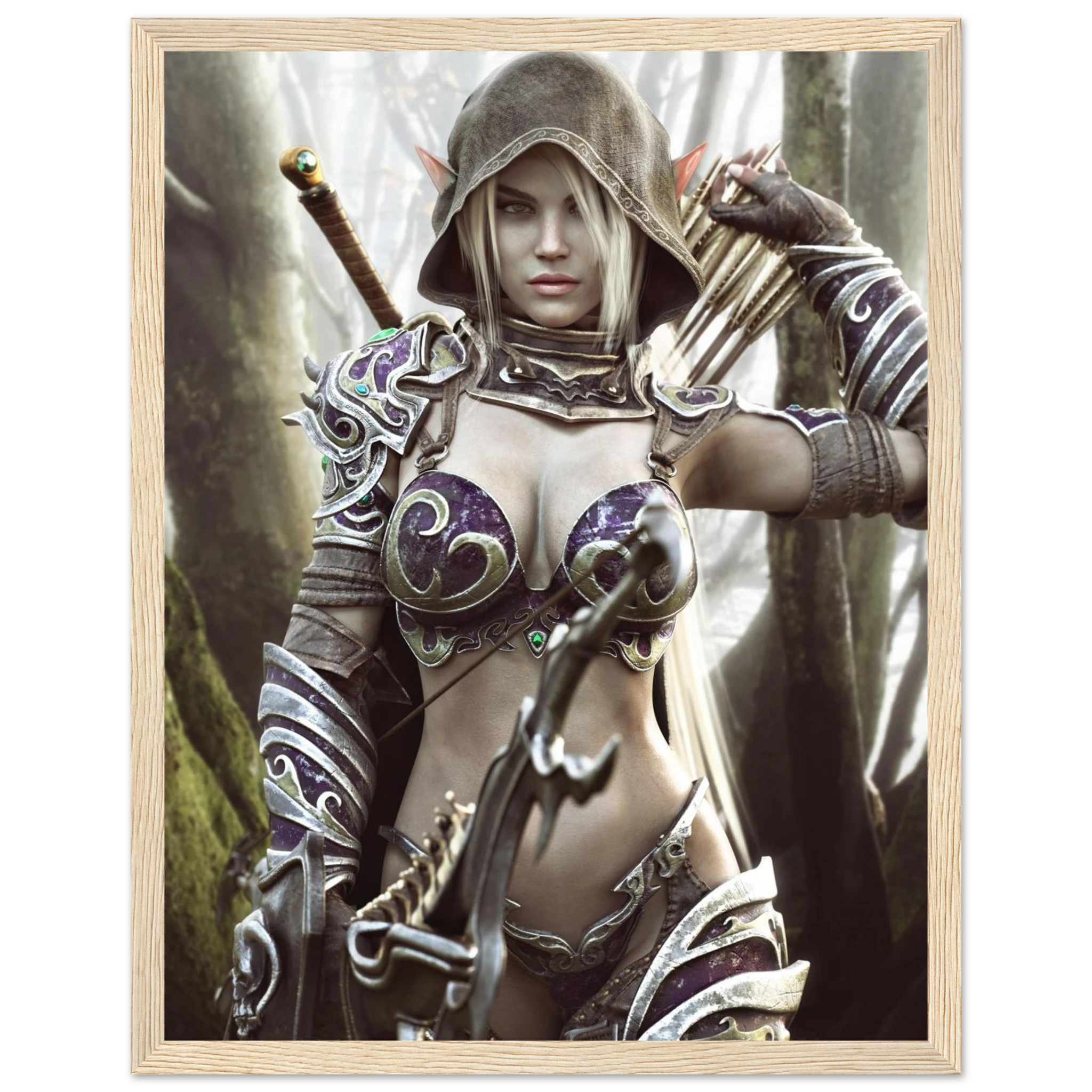 A framed fantasy art print depicting a female elf archer in ornate dark armor with purple and silver details, standing in a misty forest. The print is enclosed in a light natural wood frame and shown against a plain white background.