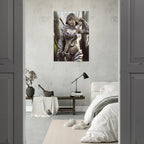 Dark elf archer fantasy wall art featuring a hooded female elven ranger in ornate purple and silver armor holding a bow and arrows in a misty enchanted forest, with a sword across her back. Detailed fantasy character artwork for fans of dark elves, archers, rangers, medieval fantasy, role-playing games and fantasy RPG decor.