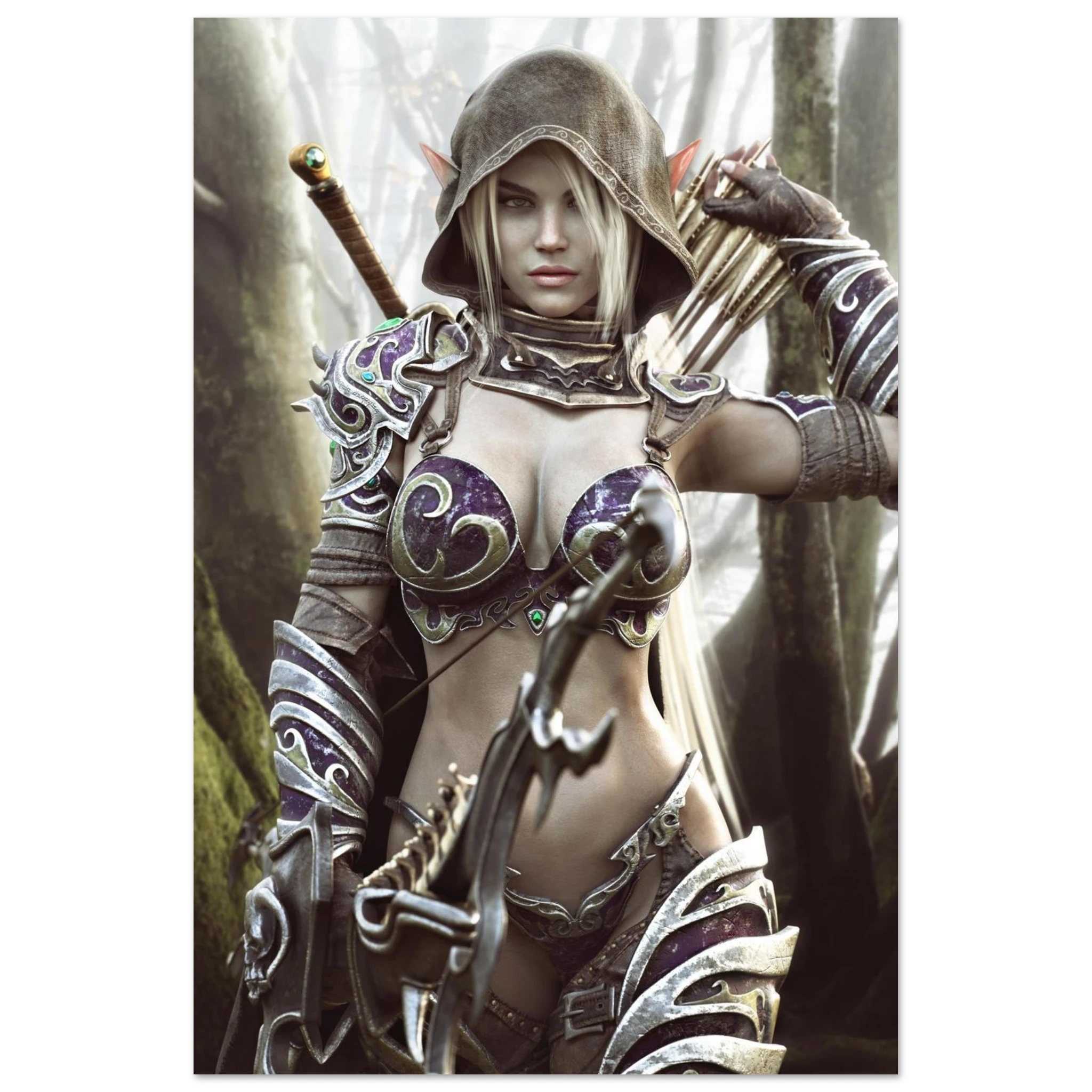 Dark elf archer fantasy wall art featuring a hooded female elven ranger in ornate purple and silver armor holding a bow and arrows in a misty enchanted forest, with a sword across her back. Detailed fantasy character artwork for fans of dark elves, archers, rangers, medieval fantasy, role-playing games and D&D-inspired decor.