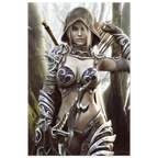 Dark elf archer fantasy wall art featuring a hooded female elven ranger in ornate purple and silver armor holding a bow and arrows in a misty enchanted forest, with a sword across her back. Detailed fantasy character artwork for fans of dark elves, archers, rangers, medieval fantasy, role-playing games and fantasy RPG decor.