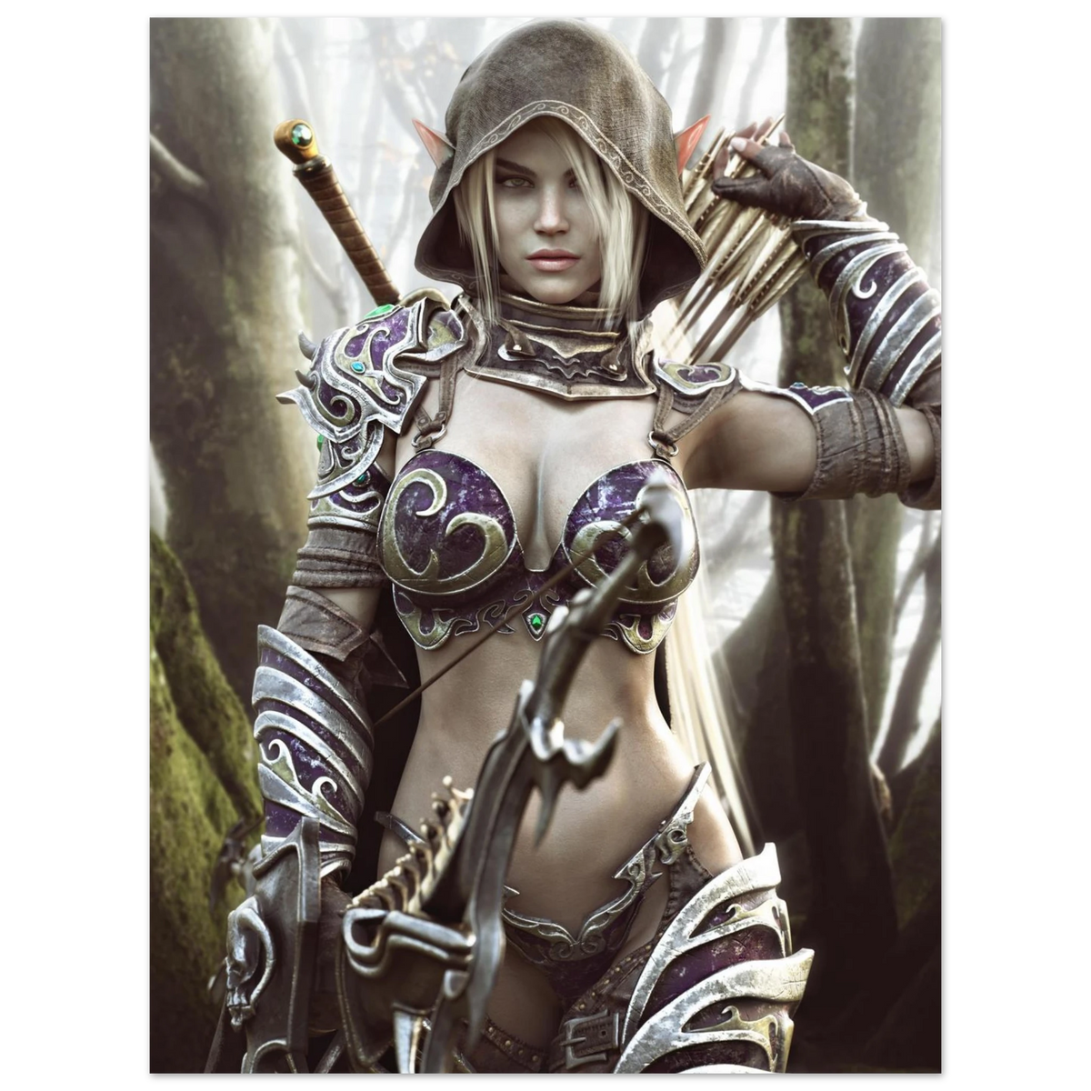 Dark elf archer fantasy wall art featuring a hooded female elven ranger in ornate purple and silver armor holding a bow and arrows in a misty enchanted forest, with a sword across her back. Detailed fantasy character artwork for fans of dark elves, archers, rangers, medieval fantasy, role-playing games and fantasy RPG decor.