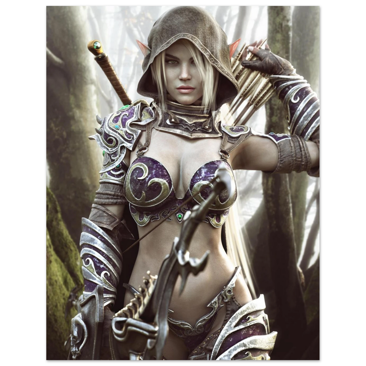 Dark elf archer fantasy wall art featuring a hooded female elven ranger in ornate purple and silver armor holding a bow and arrows in a misty enchanted forest, with a sword across her back. Detailed fantasy character artwork for fans of dark elves, archers, rangers, medieval fantasy, role-playing games and fantasy RPG decor.