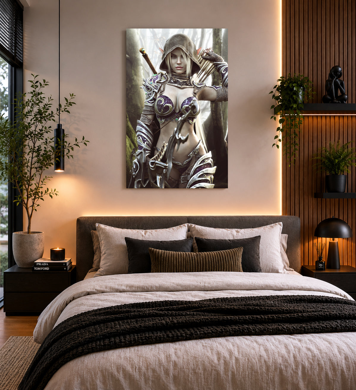 Dark elf archer fantasy wall art featuring a hooded female elven ranger in ornate purple and silver armor holding a bow and arrows in a misty enchanted forest, with a sword across her back. Detailed fantasy character artwork for fans of dark elves, archers, rangers, medieval fantasy, role-playing games and fantasy RPG decor.