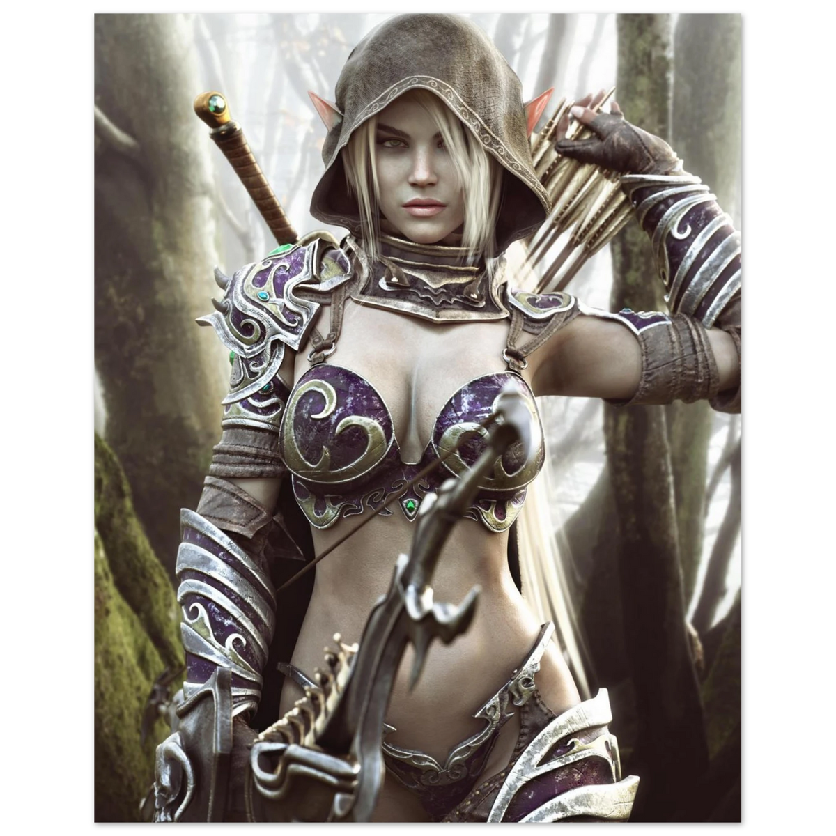 Dark elf archer fantasy wall art featuring a hooded female elven ranger in ornate purple and silver armor holding a bow and arrows in a misty enchanted forest, with a sword across her back. Detailed fantasy character artwork for fans of dark elves, archers, rangers, medieval fantasy, role-playing games and fantasy RPG decor.