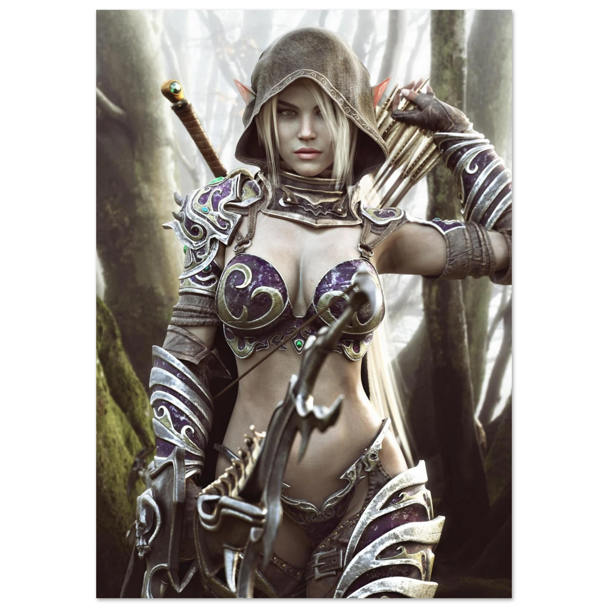 Dark elf archer fantasy wall art featuring a hooded female elven ranger in ornate purple and silver armor holding a bow and arrows in a misty enchanted forest, with a sword across her back. Detailed fantasy character artwork for fans of dark elves, archers, rangers, medieval fantasy, role-playing games and fantasy RPG decor.