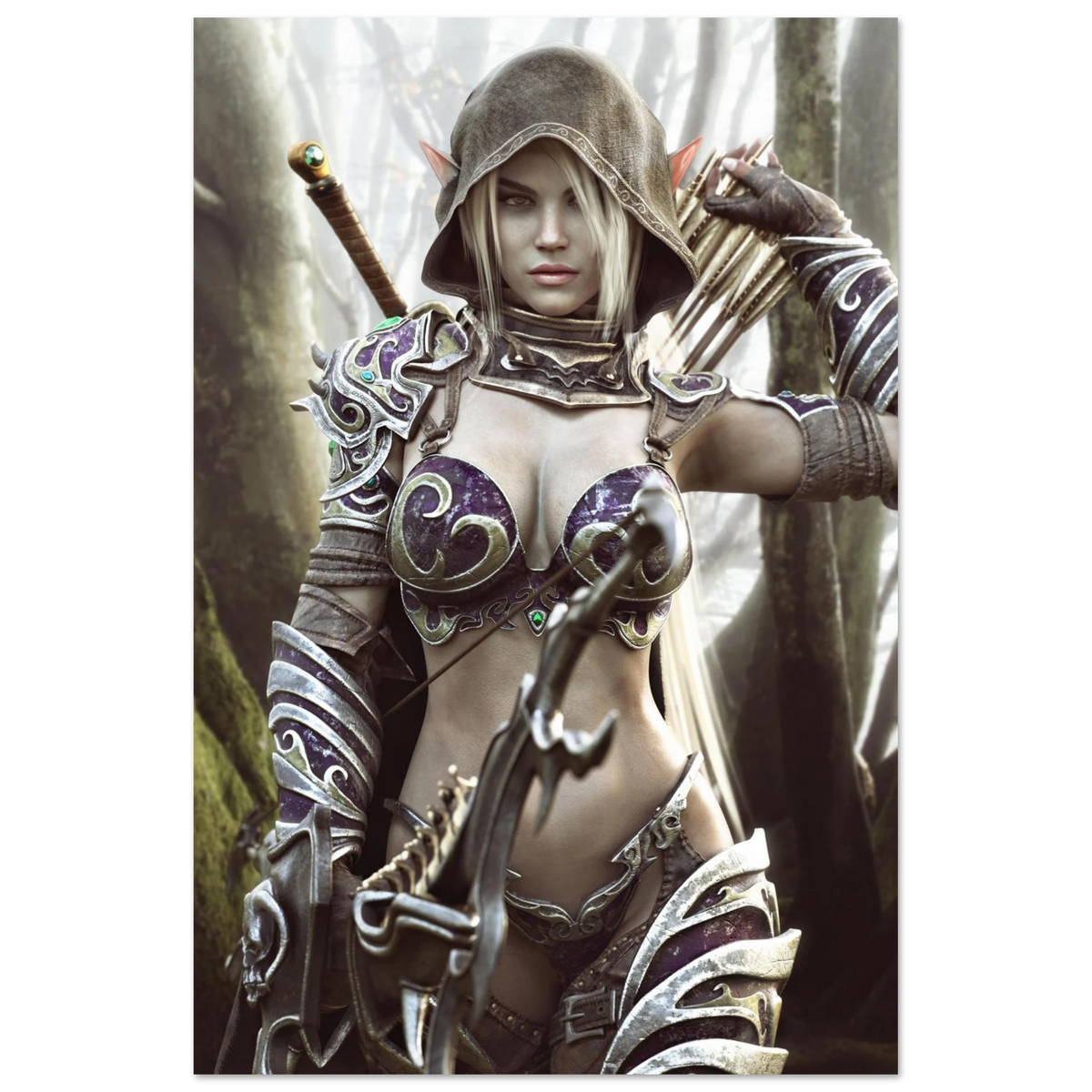 Dark elf archer fantasy wall art featuring a hooded female elven ranger in ornate purple and silver armor holding a bow and arrows in a misty enchanted forest, with a sword across her back. Detailed fantasy character artwork for fans of dark elves, archers, rangers, medieval fantasy, role-playing games and fantasy RPG decor.