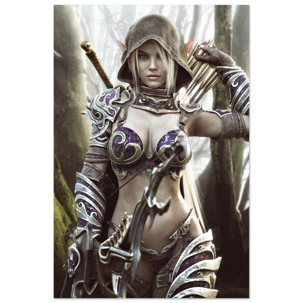 Dark elf archer fantasy wall art featuring a hooded female elven ranger in ornate purple and silver armor holding a bow and arrows in a misty enchanted forest, with a sword across her back. Detailed fantasy character artwork for fans of dark elves, archers, rangers, medieval fantasy, role-playing games and fantasy RPG decor.