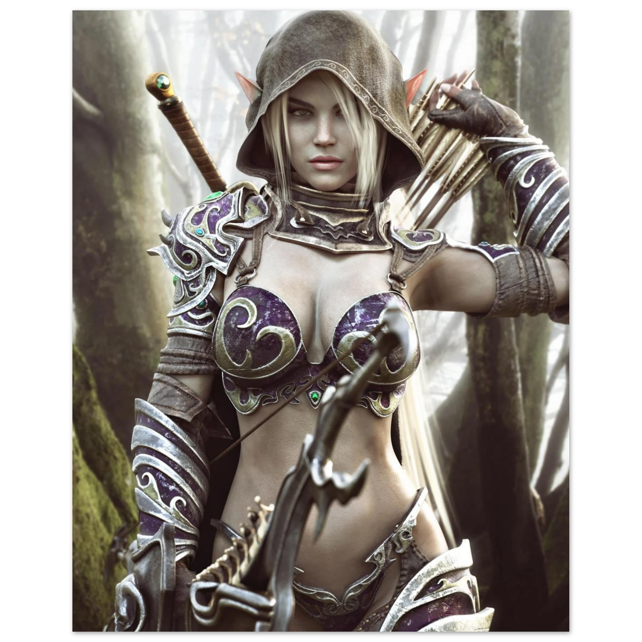 Dark elf archer fantasy wall art featuring a hooded female elven ranger in ornate purple and silver armor holding a bow and arrows in a misty enchanted forest, with a sword across her back. Detailed fantasy character artwork for fans of dark elves, archers, rangers, medieval fantasy, role-playing games and fantasy RPG decor.