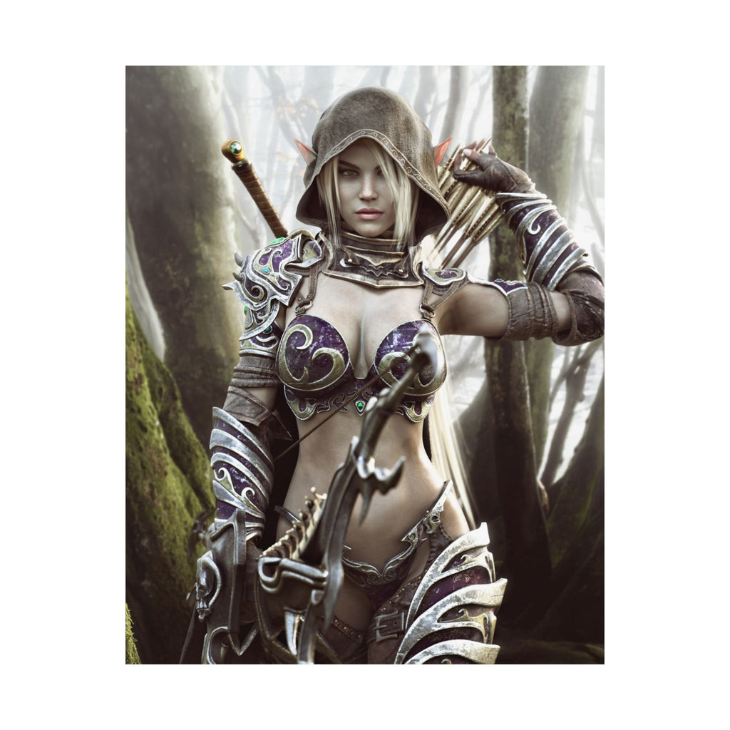 A hooded dark elf archer stands in an enchanted forest wearing ornate purple and silver armor while holding an intricately crafted bow. A quiver of arrows rests over her shoulder as soft forest light filters through ancient trees. Her determined expression and detailed armor create a cinematic fantasy illustration filled with adventure and mystery.