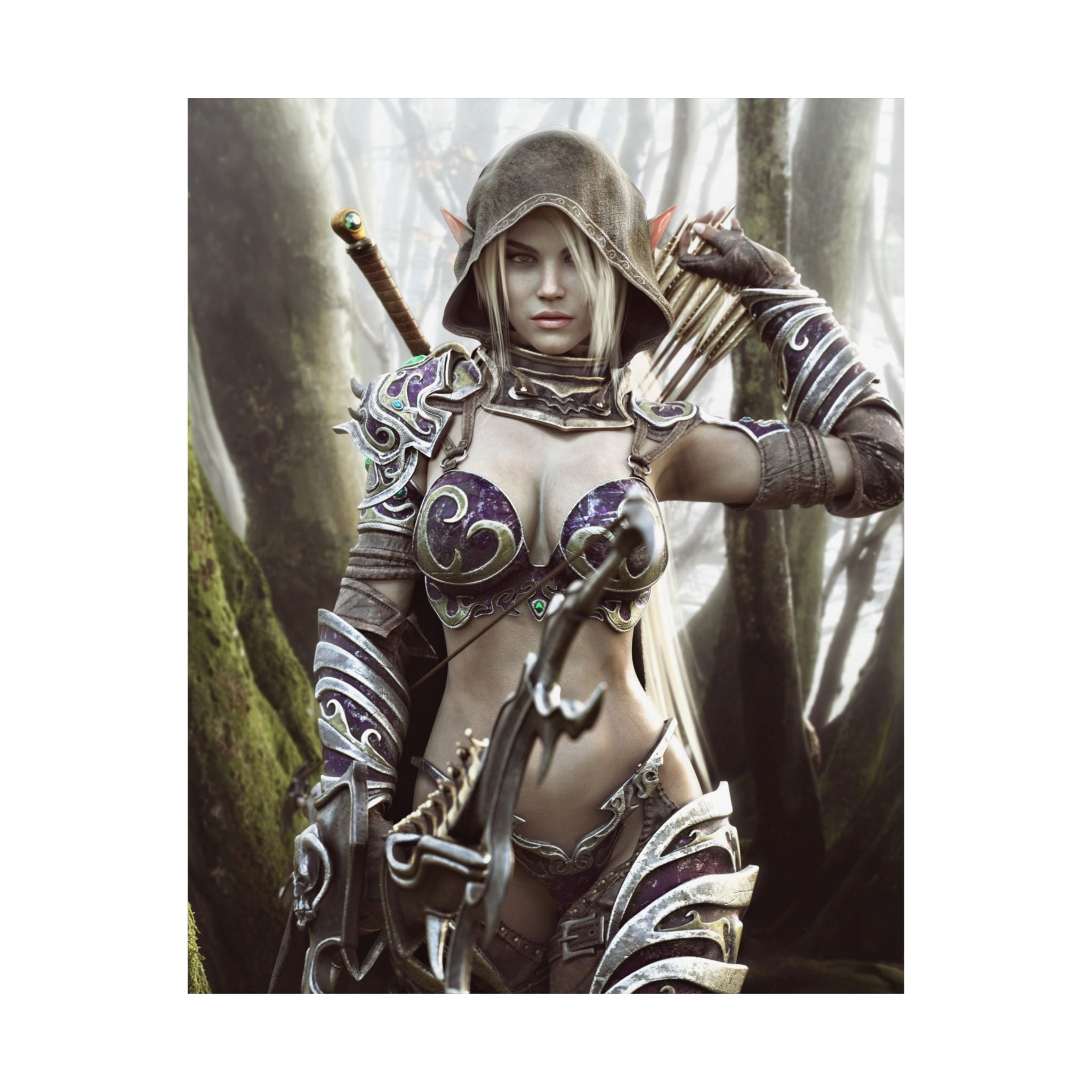 A hooded dark elf archer stands in an enchanted forest wearing ornate purple and silver armor while holding an intricately crafted bow. A quiver of arrows rests over her shoulder as soft forest light filters through ancient trees. Her determined expression and detailed armor create a cinematic fantasy illustration filled with adventure and mystery.