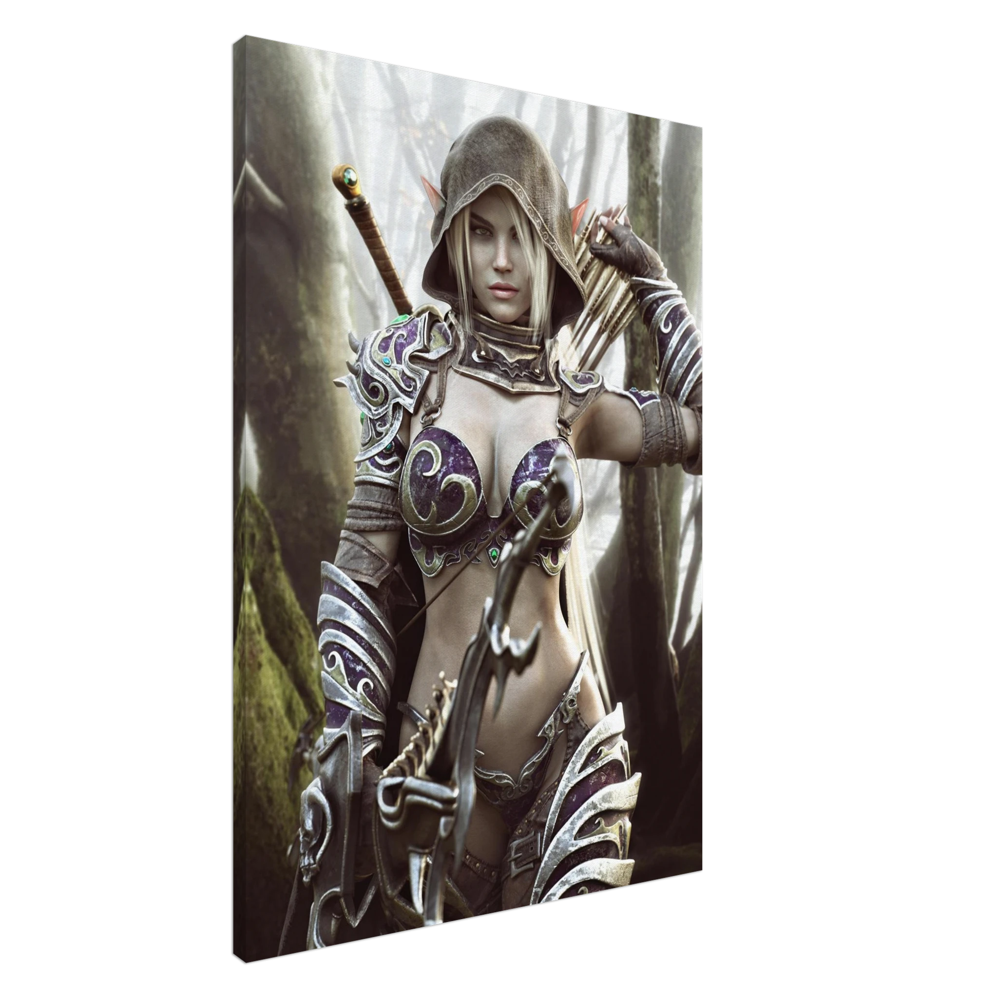 Handcrafted dark fantasy artwork of a hooded female dark elf archer standing in a misty enchanted forest. The elven ranger has pale hair, pointed ears, and piercing eyes and wears intricately detailed purple-and-silver fantasy armor decorated with ornate swirling metalwork and jewel-like accents. A large fantasy bow fills the foreground while a quiver of arrows rests over her shoulder and a sword is carried across her back, portraying her as a heavily equipped woodland ranger prepared for battle. Towering m