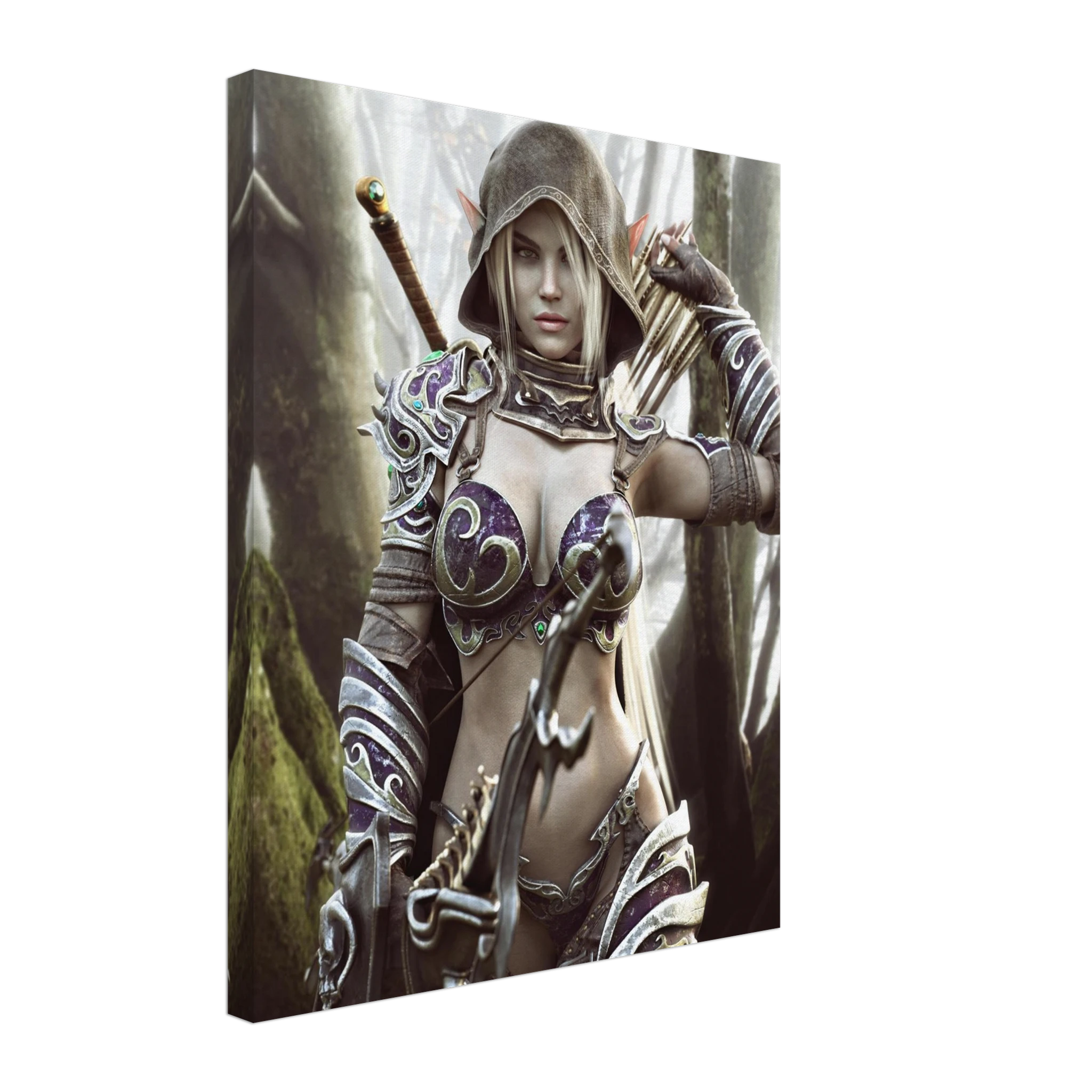 Handcrafted dark fantasy artwork of a hooded female dark elf archer standing in a misty enchanted forest. The elven ranger has pale hair, pointed ears, and piercing eyes and wears intricately detailed purple-and-silver fantasy armor decorated with ornate swirling metalwork and jewel-like accents. A large fantasy bow fills the foreground while a quiver of arrows rests over her shoulder and a sword is carried across her back, portraying her as a heavily equipped woodland ranger prepared for battle. Towering m