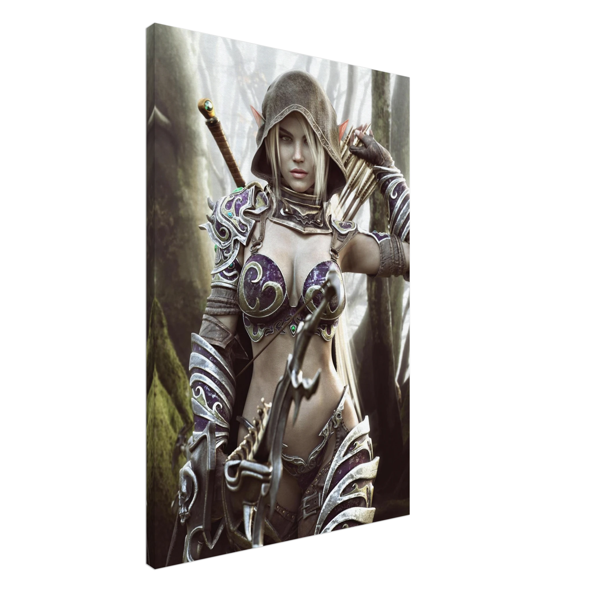 Handcrafted dark fantasy artwork of a hooded female dark elf archer standing in a misty enchanted forest. The elven ranger has pale hair, pointed ears, and piercing eyes and wears intricately detailed purple-and-silver fantasy armor decorated with ornate swirling metalwork and jewel-like accents. A large fantasy bow fills the foreground while a quiver of arrows rests over her shoulder and a sword is carried across her back, portraying her as a heavily equipped woodland ranger prepared for battle. Towering m