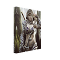 Handcrafted dark fantasy artwork of a hooded female dark elf archer standing in a misty enchanted forest. The elven ranger has pale hair, pointed ears, and piercing eyes and wears intricately detailed purple-and-silver fantasy armor decorated with ornate swirling metalwork and jewel-like accents. A large fantasy bow fills the foreground while a quiver of arrows rests over her shoulder and a sword is carried across her back, portraying her as a heavily equipped woodland ranger prepared for battle. Towering m