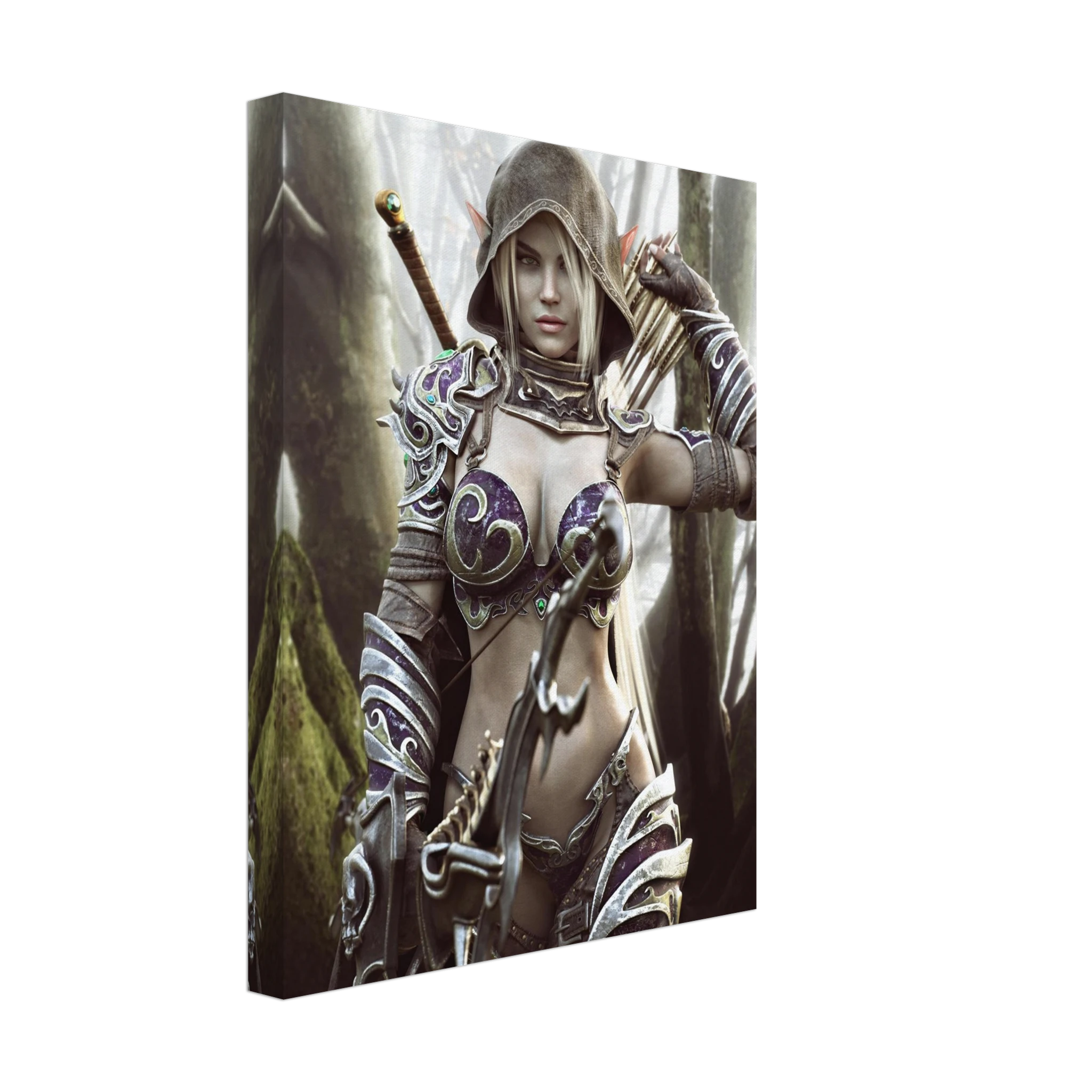 Handcrafted dark fantasy artwork of a hooded female dark elf archer standing in a misty enchanted forest. The elven ranger has pale hair, pointed ears, and piercing eyes and wears intricately detailed purple-and-silver fantasy armor decorated with ornate swirling metalwork and jewel-like accents. A large fantasy bow fills the foreground while a quiver of arrows rests over her shoulder and a sword is carried across her back, portraying her as a heavily equipped woodland ranger prepared for battle. Towering m