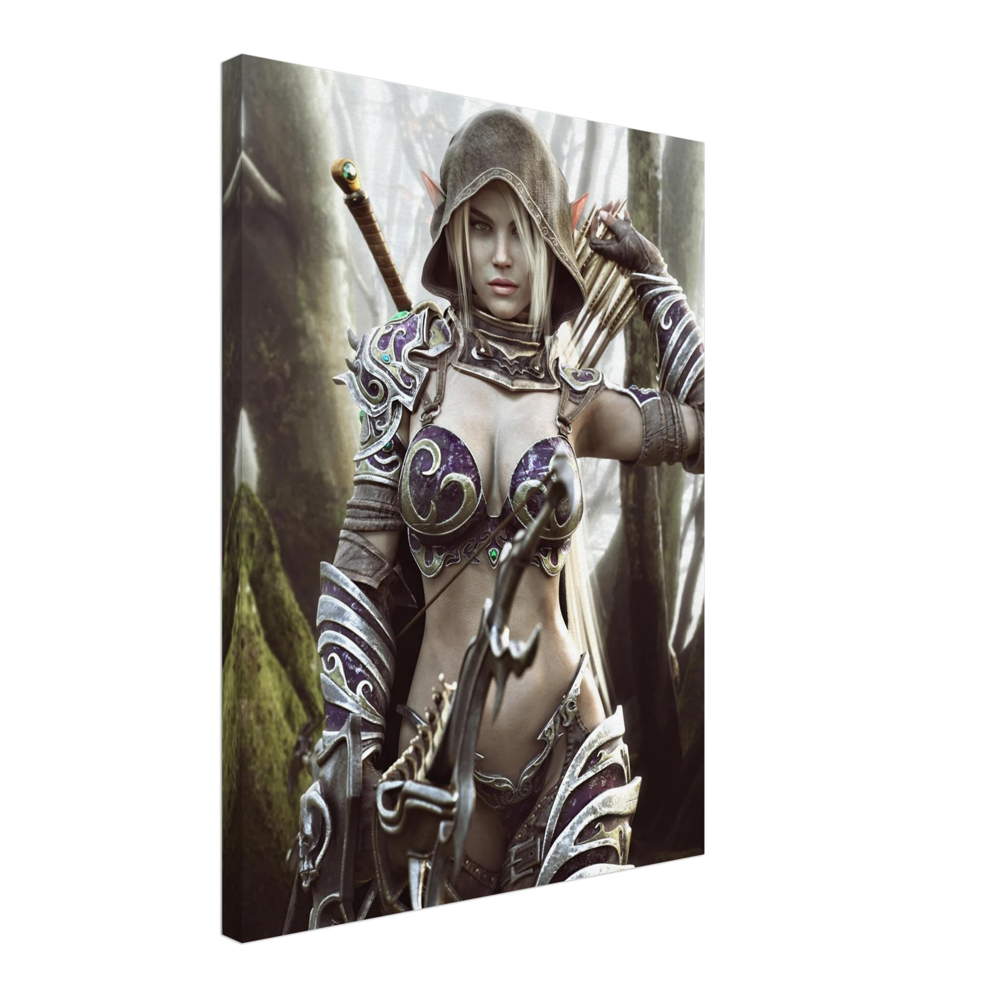 Handcrafted dark fantasy artwork of a hooded female dark elf archer standing in a misty enchanted forest. The elven ranger has pale hair, pointed ears, and piercing eyes and wears intricately detailed purple-and-silver fantasy armor decorated with ornate swirling metalwork and jewel-like accents. A large fantasy bow fills the foreground while a quiver of arrows rests over her shoulder and a sword is carried across her back, portraying her as a heavily equipped woodland ranger prepared for battle. Towering m