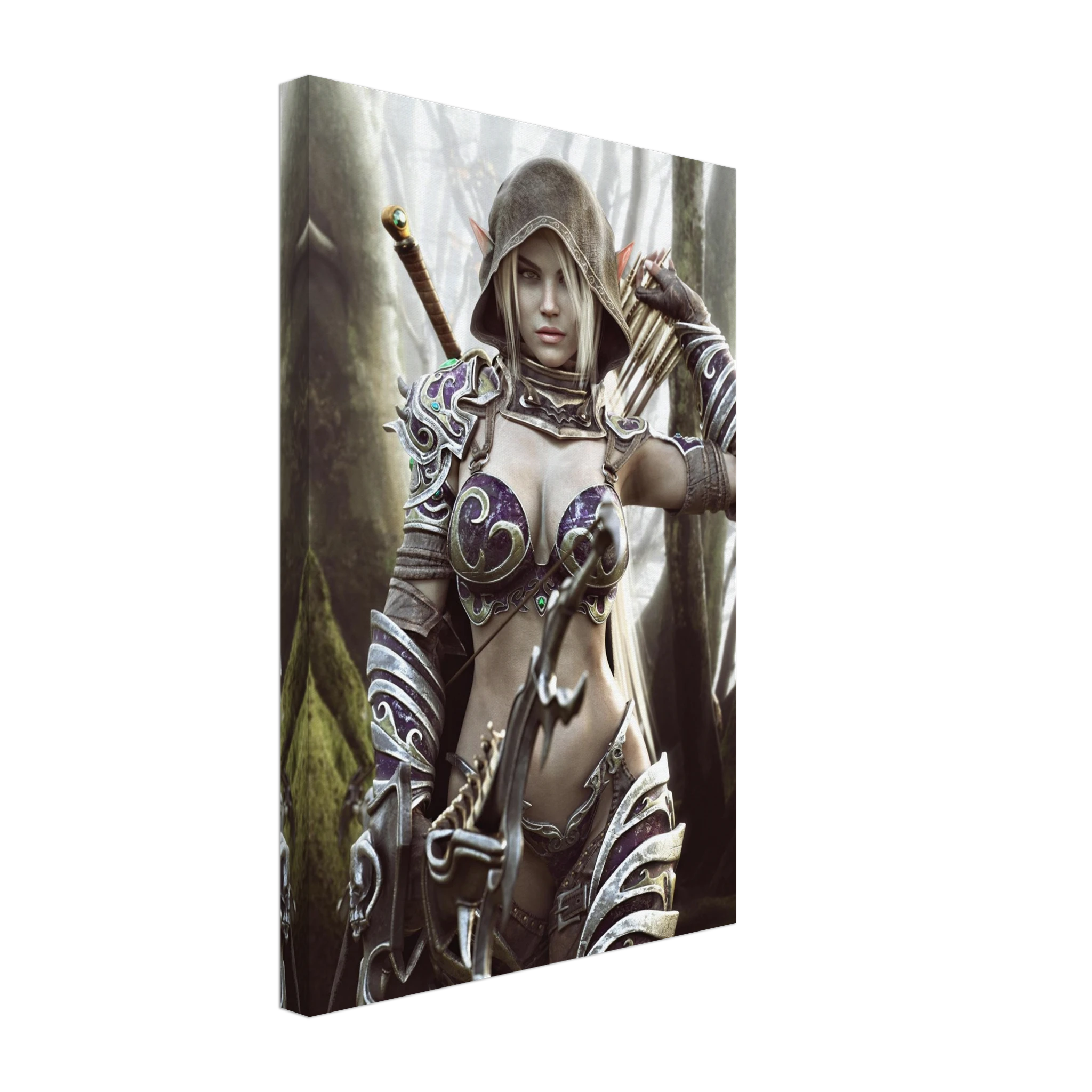 Handcrafted dark fantasy artwork of a hooded female dark elf archer standing in a misty enchanted forest. The elven ranger has pale hair, pointed ears, and piercing eyes and wears intricately detailed purple-and-silver fantasy armor decorated with ornate swirling metalwork and jewel-like accents. A large fantasy bow fills the foreground while a quiver of arrows rests over her shoulder and a sword is carried across her back, portraying her as a heavily equipped woodland ranger prepared for battle. Towering m