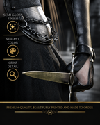 Close-up of dark elf assassin fantasy poster showing a steel dagger, black leather glove, chain armor details and crisp semi-gloss print quality.