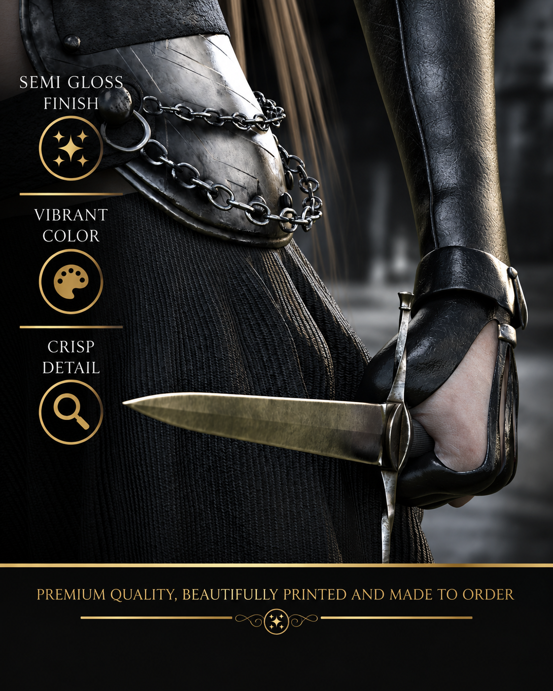 Close-up of dark elf assassin fantasy poster showing a steel dagger, black leather glove, chain armor details and crisp semi-gloss print quality.