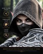 Close-up of hooded dark elf assassin fantasy wall art showing piercing green eyes, detailed silver armor and premium semi-gloss poster print quality.