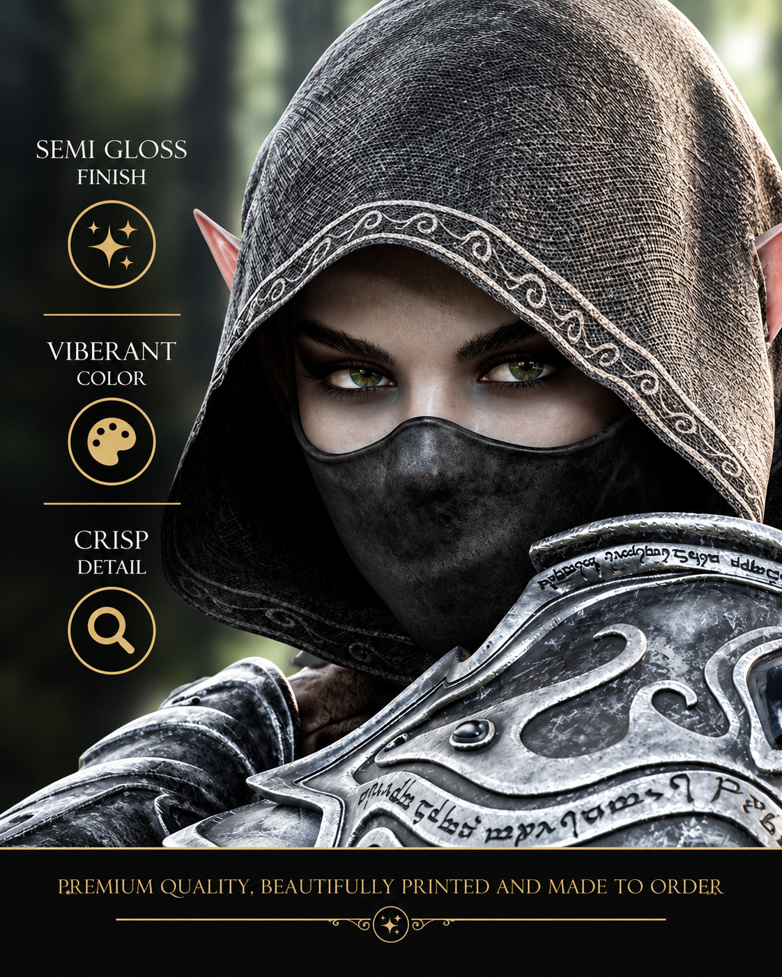 Close-up of hooded dark elf assassin fantasy wall art showing piercing green eyes, detailed silver armor and premium semi-gloss poster print quality.