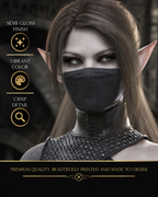 Close-up of masked dark elf assassin fantasy wall art showing pale skin, green eyes, pointed ears and detailed black armor with premium semi-gloss print quality.
