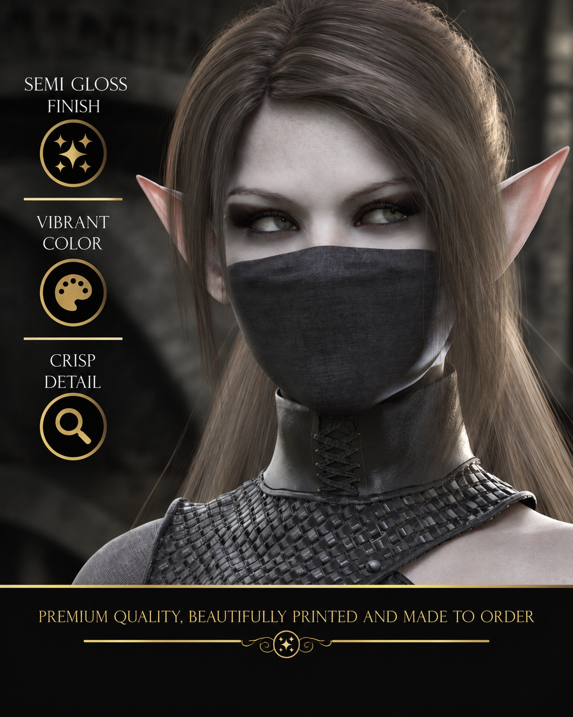 Close-up of masked dark elf assassin fantasy wall art showing pale skin, green eyes, pointed ears and detailed black armor with premium semi-gloss print quality.
