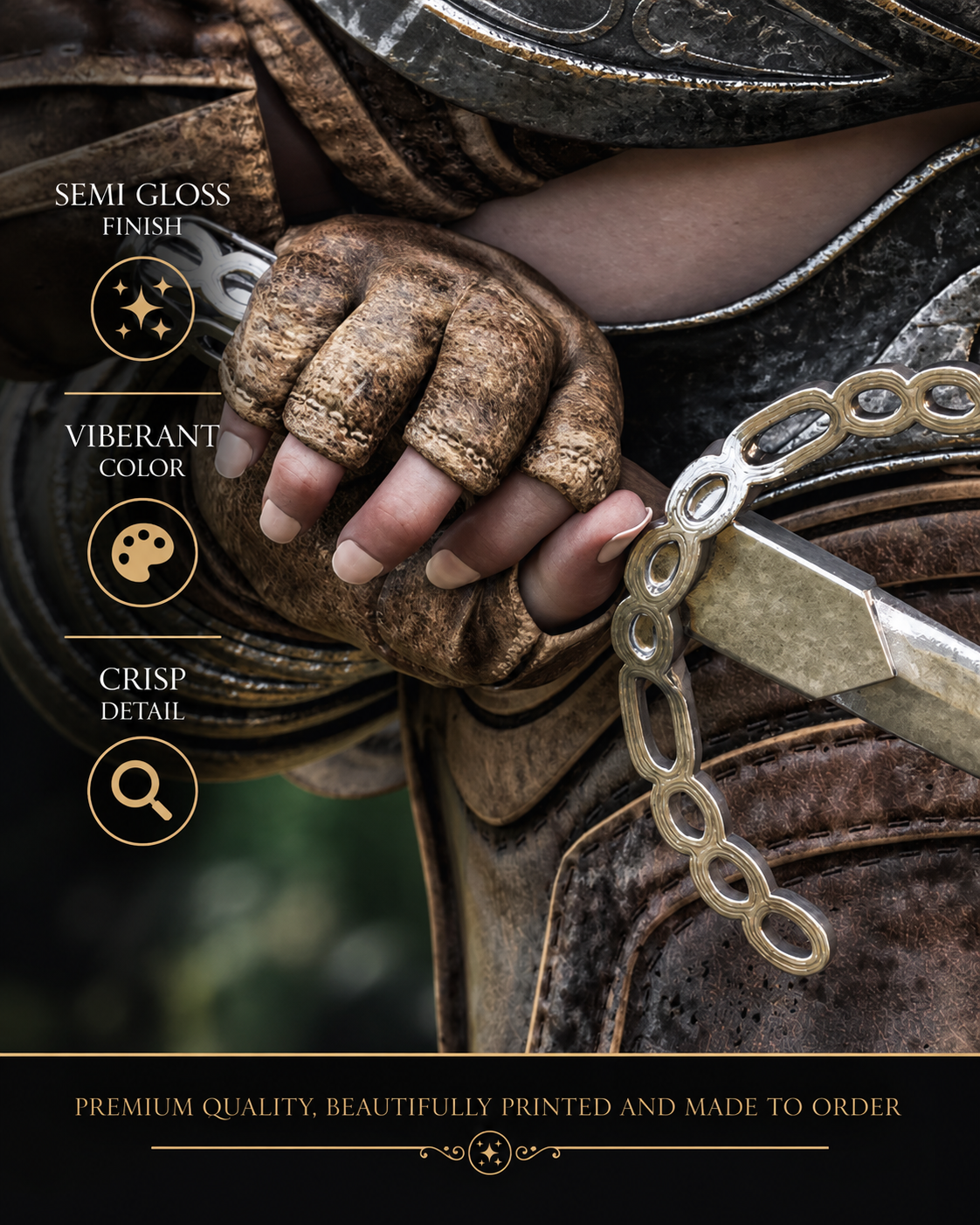 Close-up of dark elf assassin fantasy poster showing weathered leather gloves, ornate armor and chained blade with crisp premium print detail.